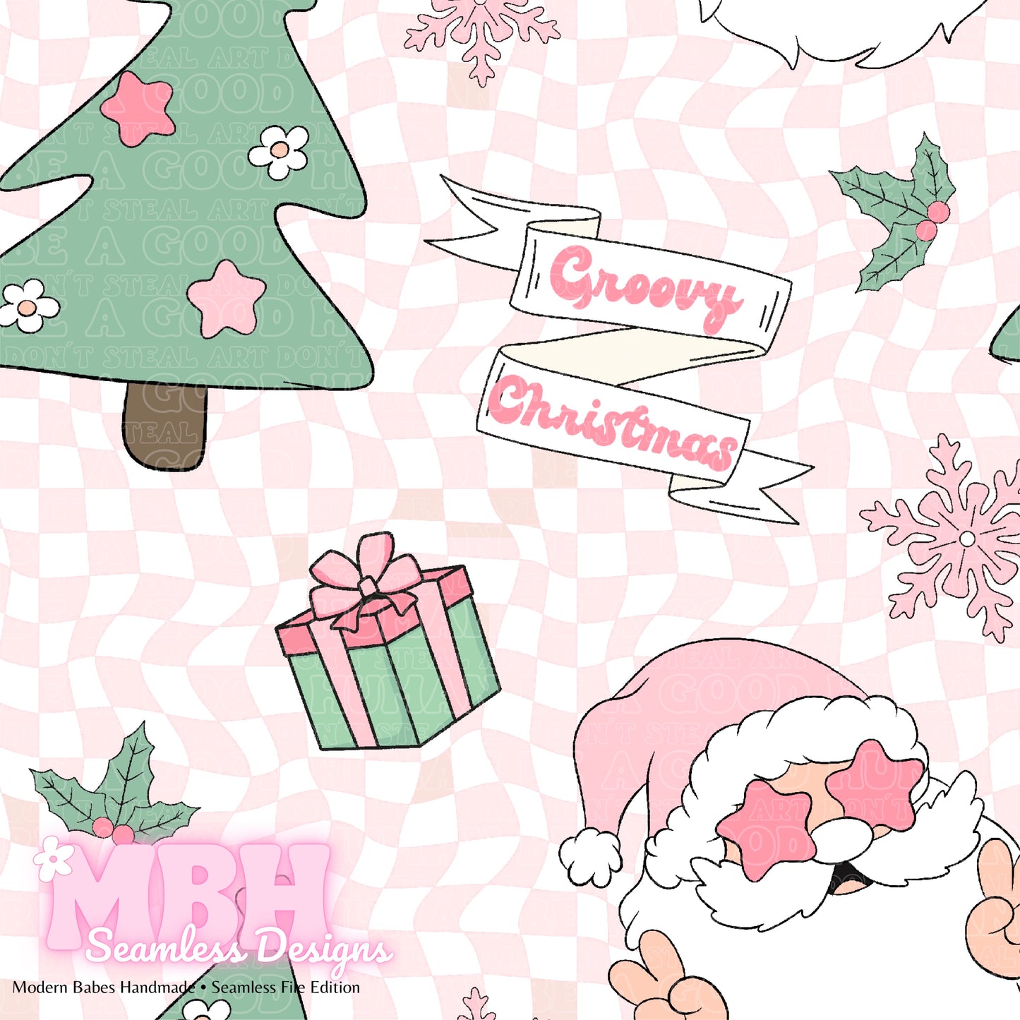 Pink Checkered Groovy Christmas Seamless Pattern