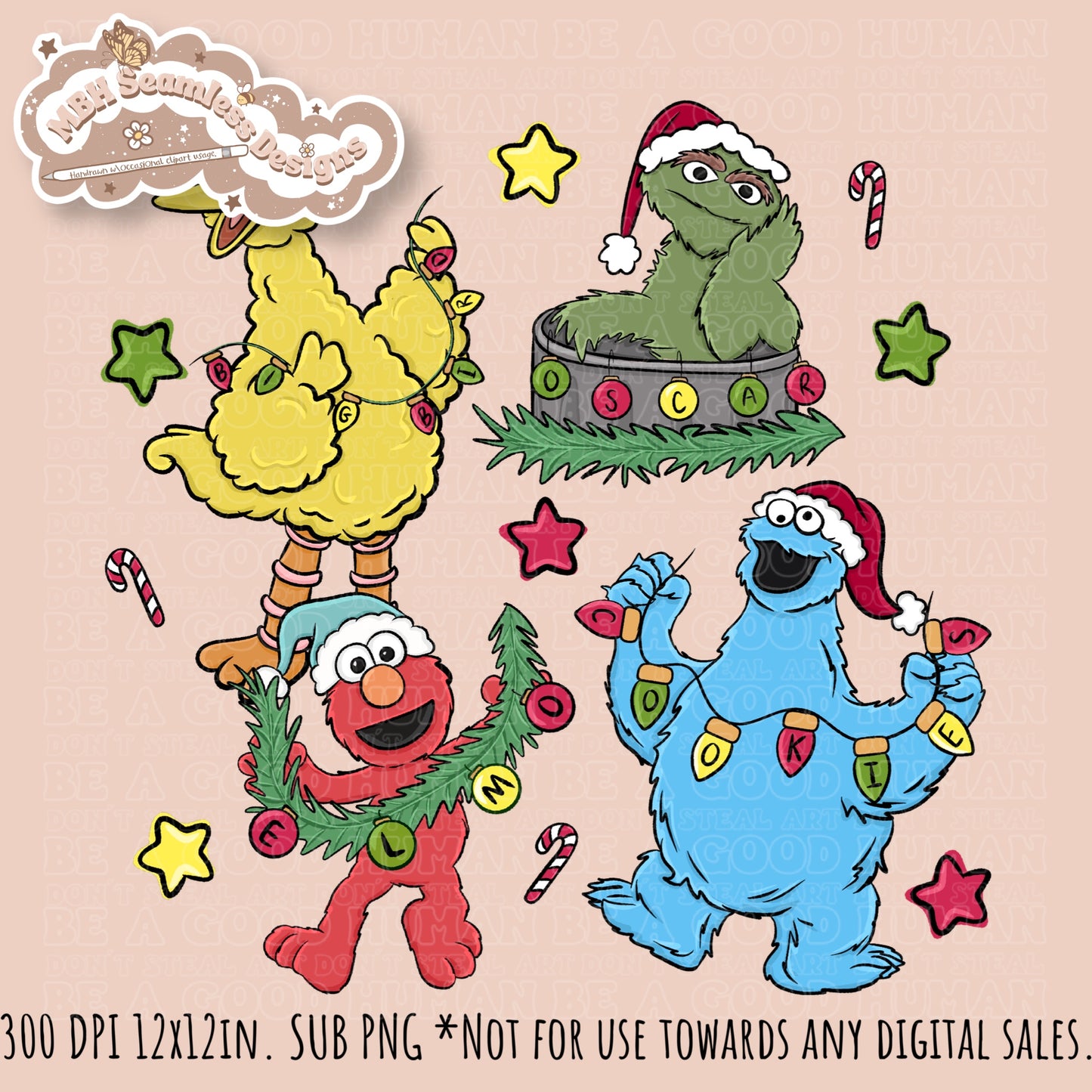 Christmas Sesame Street Seamless Pattern // PNG // Assorted Colorways