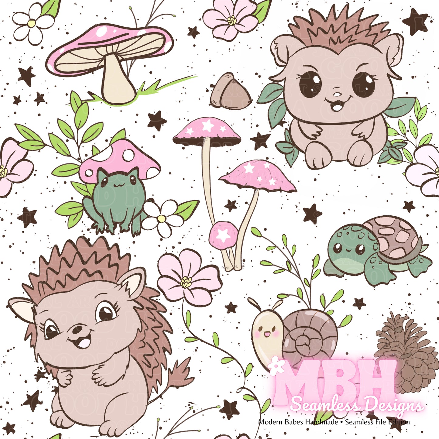 Cottagecore Hedgehogs Assorted Colorways Seamless Pattern