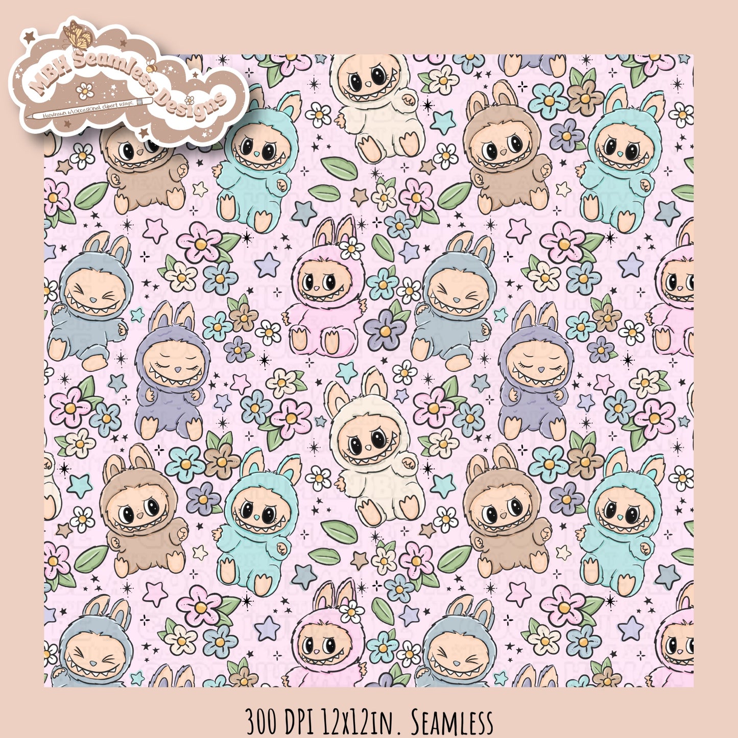 Labubu Floral Seamless Pattern & PNGs Assorted Colorway Options