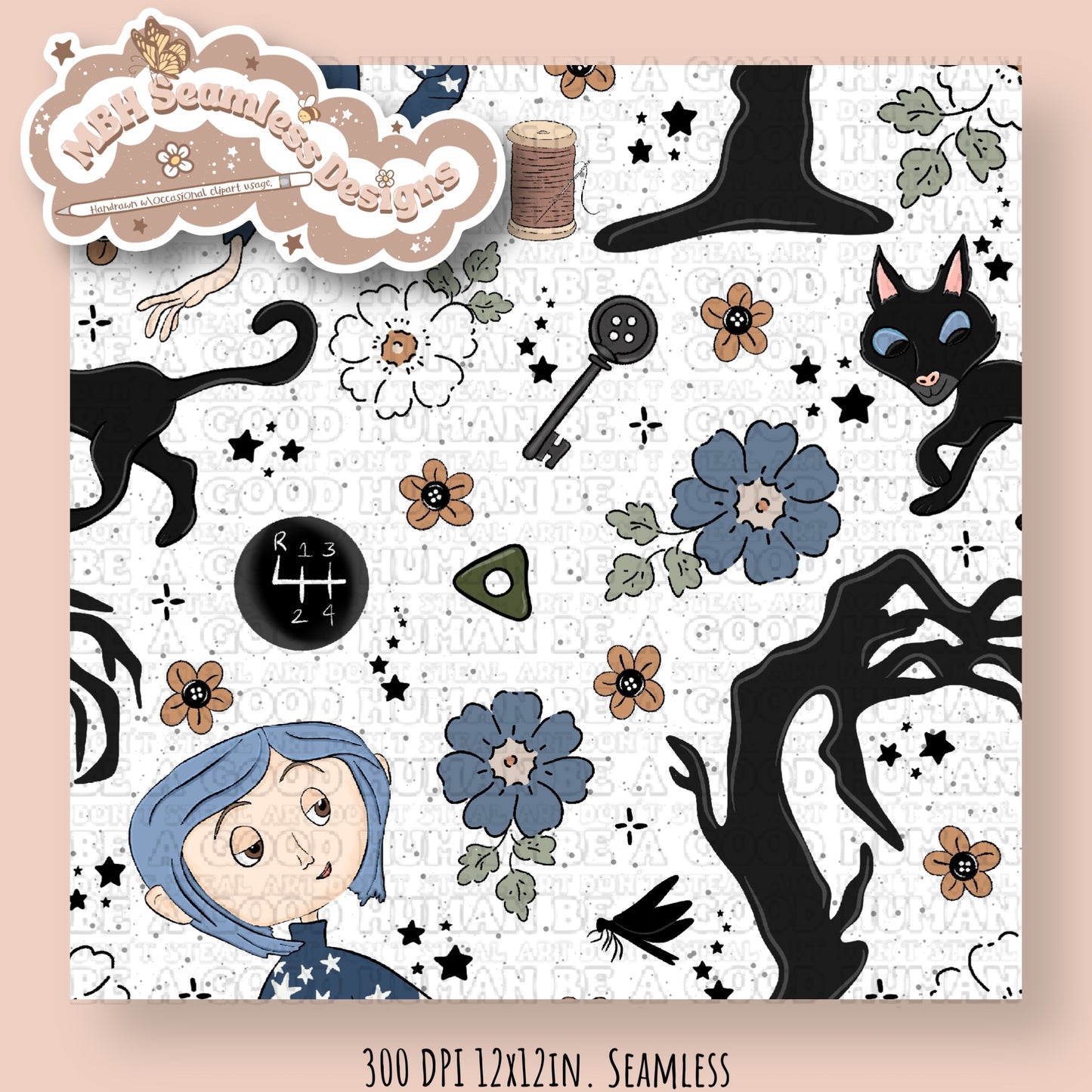 EXCLUSIVE Boho Floral Button Eye Girl & Coordinate Seamless Pattern (NO FABRIC SHOPS)