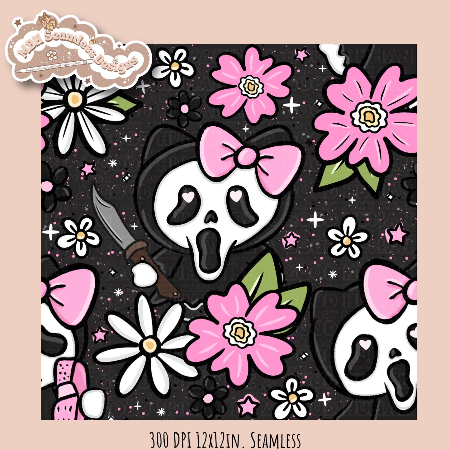 HK X Scream Tattoo Floral Seamless Pattern // PNG // Multiple Colorway Options