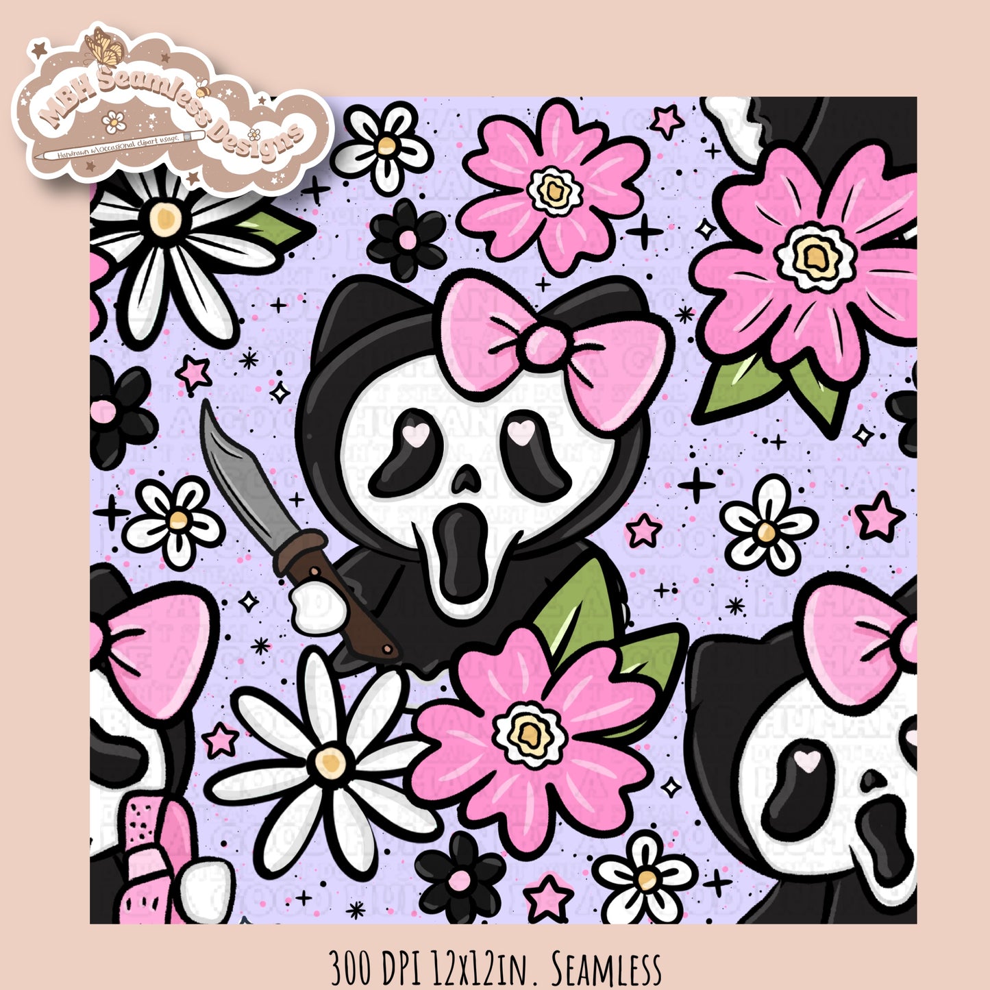 HK X Scream Tattoo Floral Seamless Pattern // PNG // Multiple Colorway Options