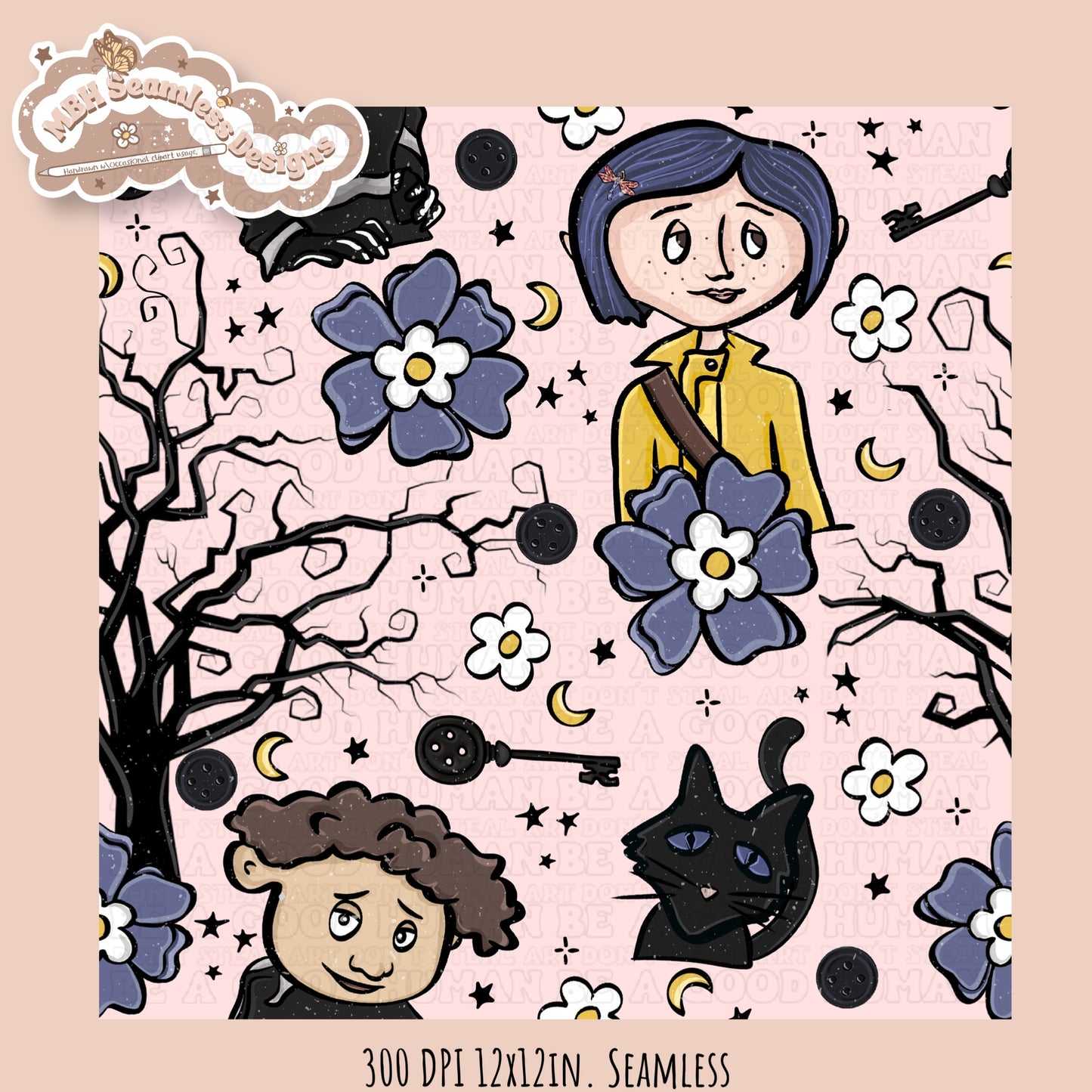 Bohemian Floral Button Eye Girl Seamless Pattern // PNG // Assorted Colorway Options