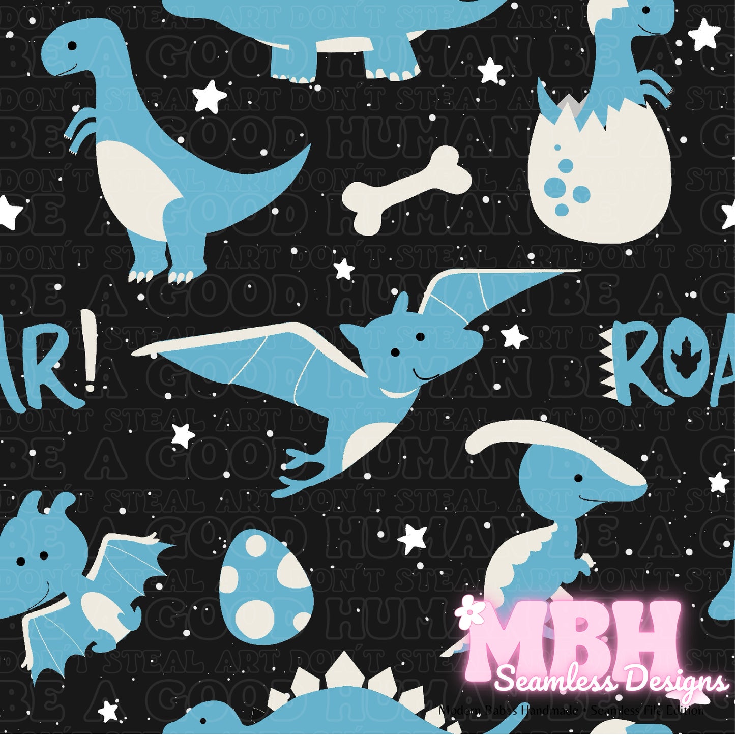 Starry Blue Dinosaurs Seamless Pattern