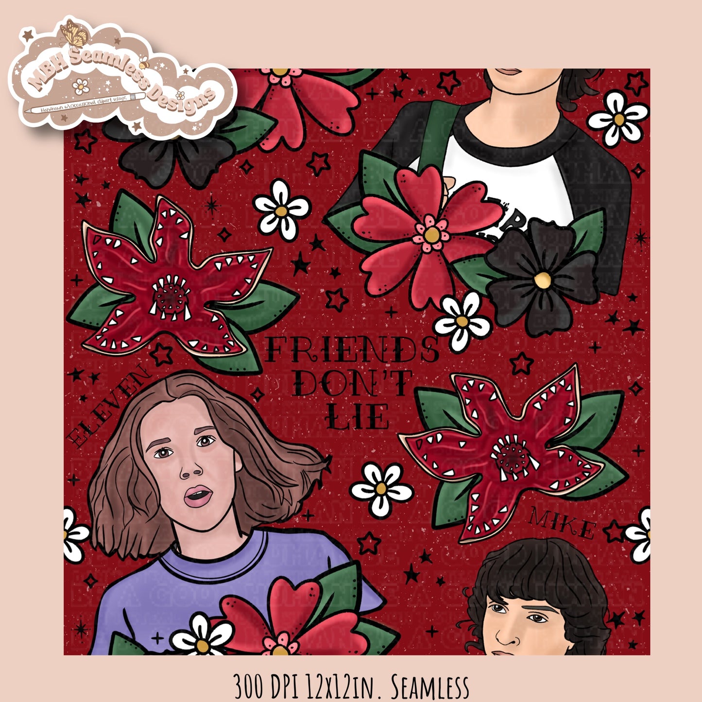 Stranger Things x Tattoo Floral Seamless Pattern // PNG //Multiple Colorways