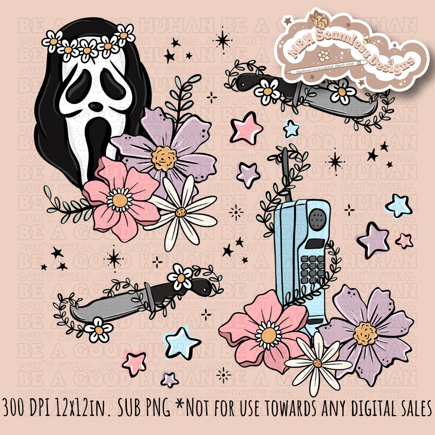 Scream x Tattoo Floral Seamless Pattern // PNG //Multiple Colorway Options