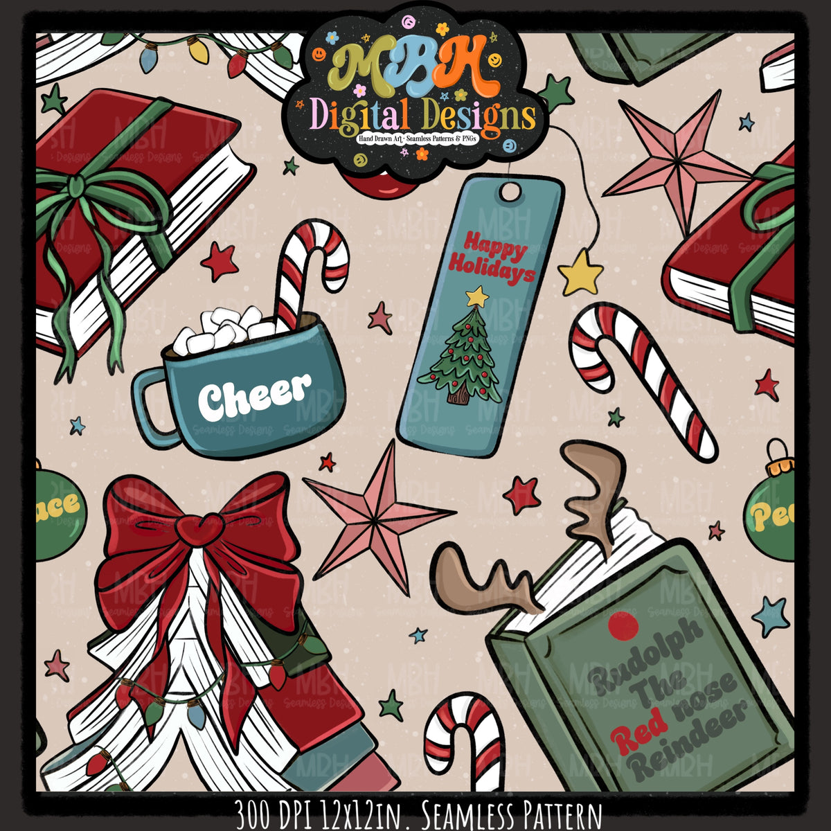Moody Bookish Christmas Seamless Pattern // MULTIPLE COLORWAYS