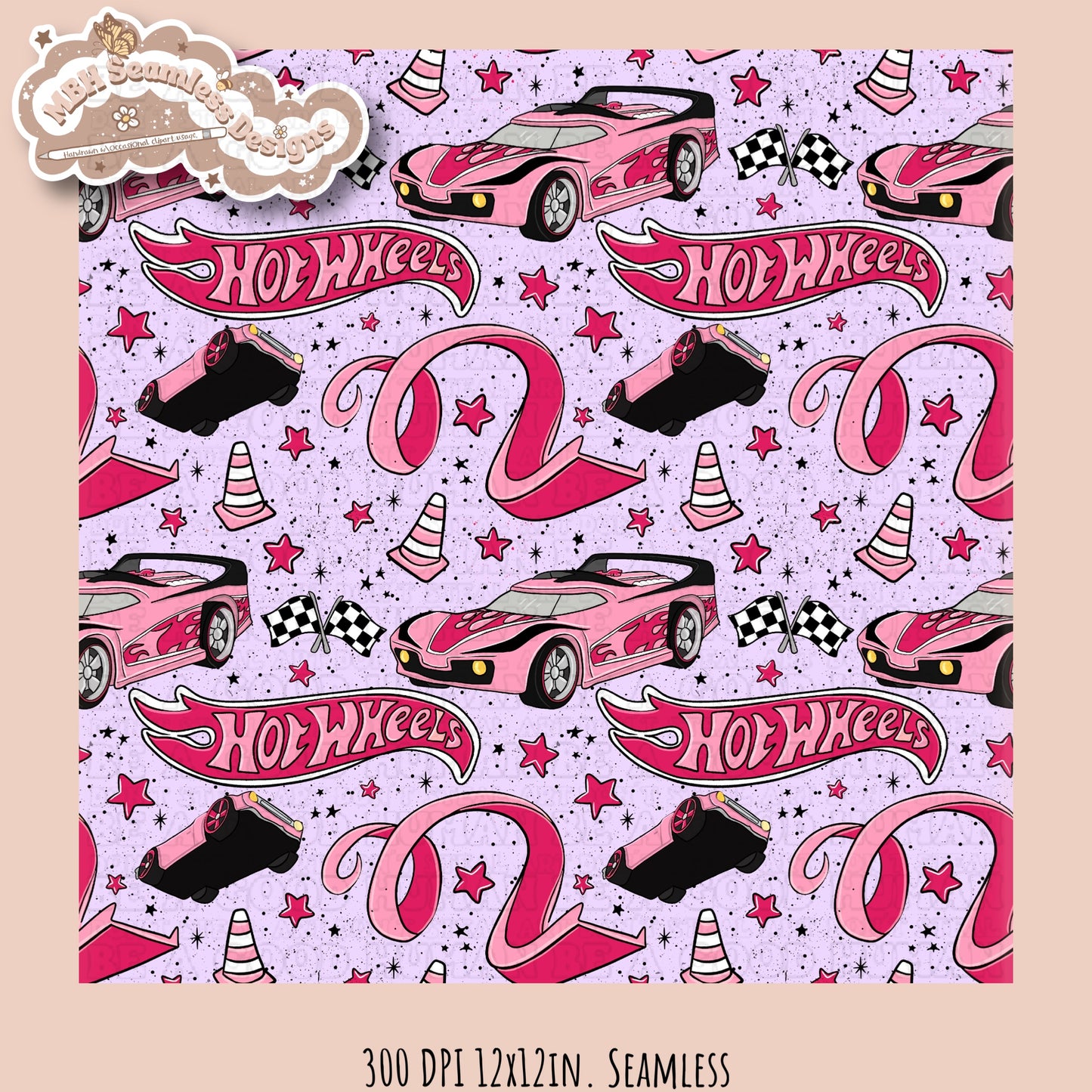 Girly Hot Wheels Seamless Pattern Multiple Colorways