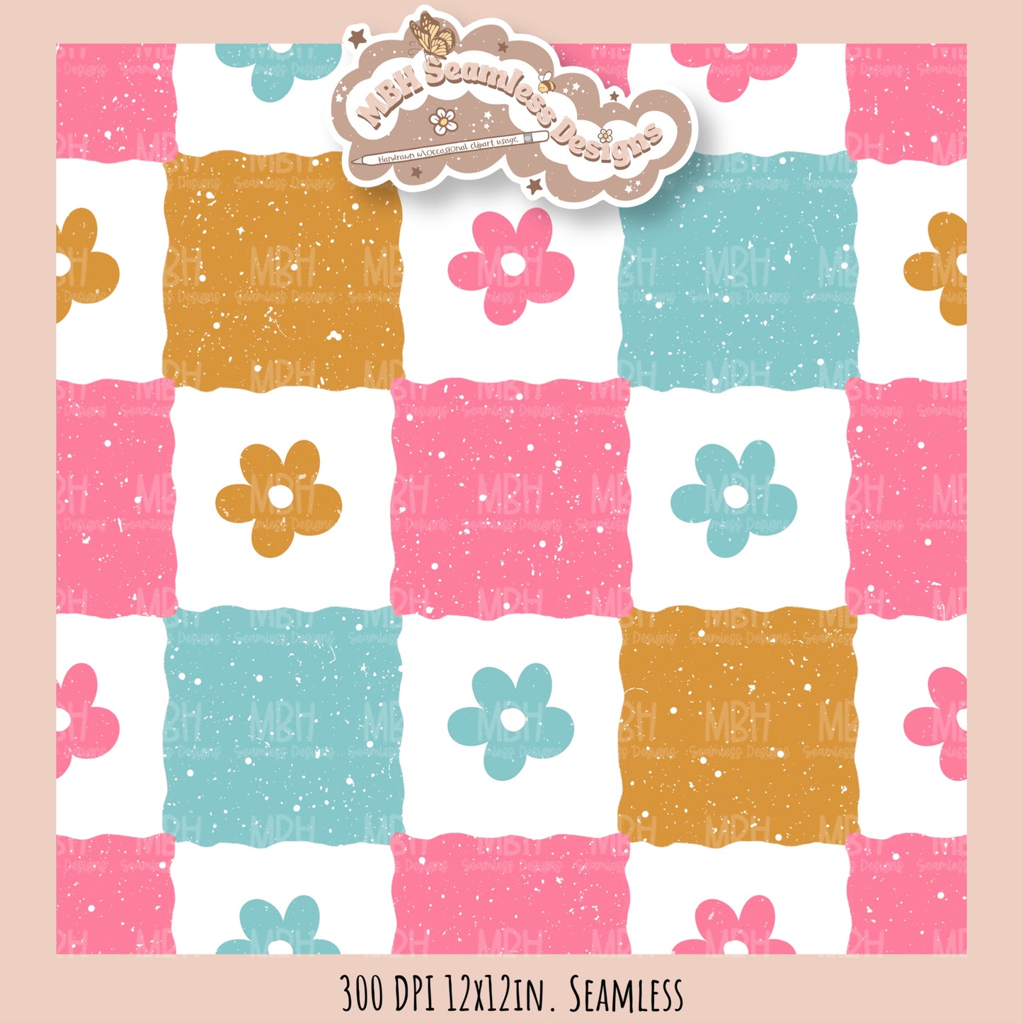 Retro Checkered Flowers 2 Seamless Pattern