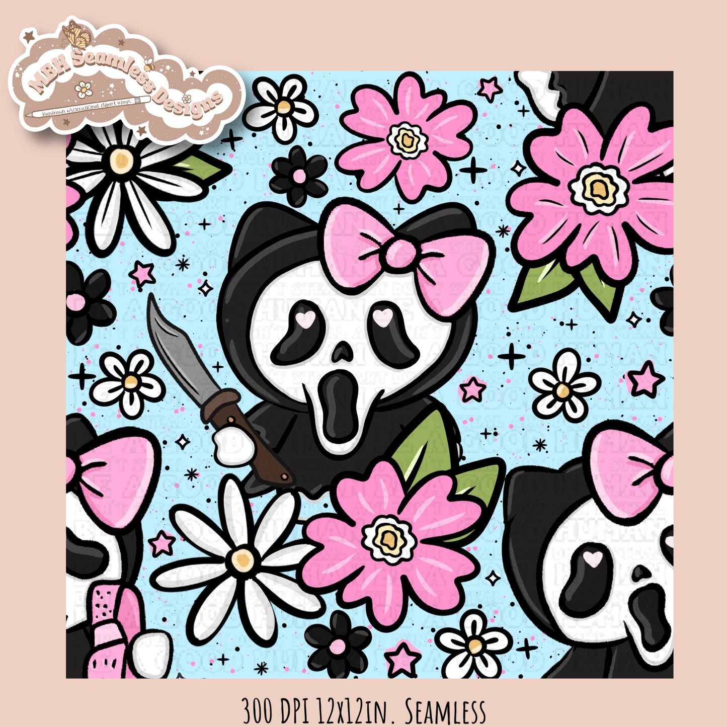 HK X Scream Tattoo Floral Seamless Pattern // PNG // Multiple Colorway Options