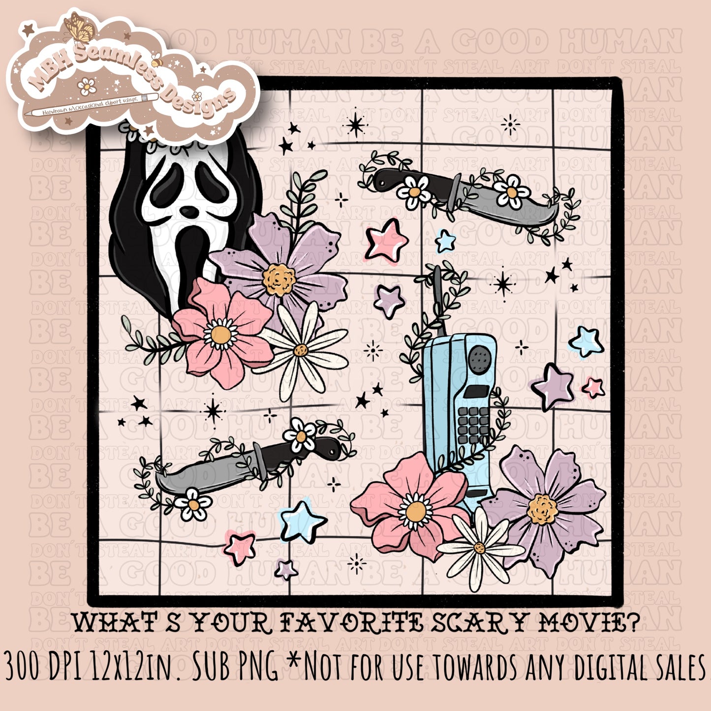 Scream x Tattoo Floral Seamless Pattern // PNG //Multiple Colorway Options