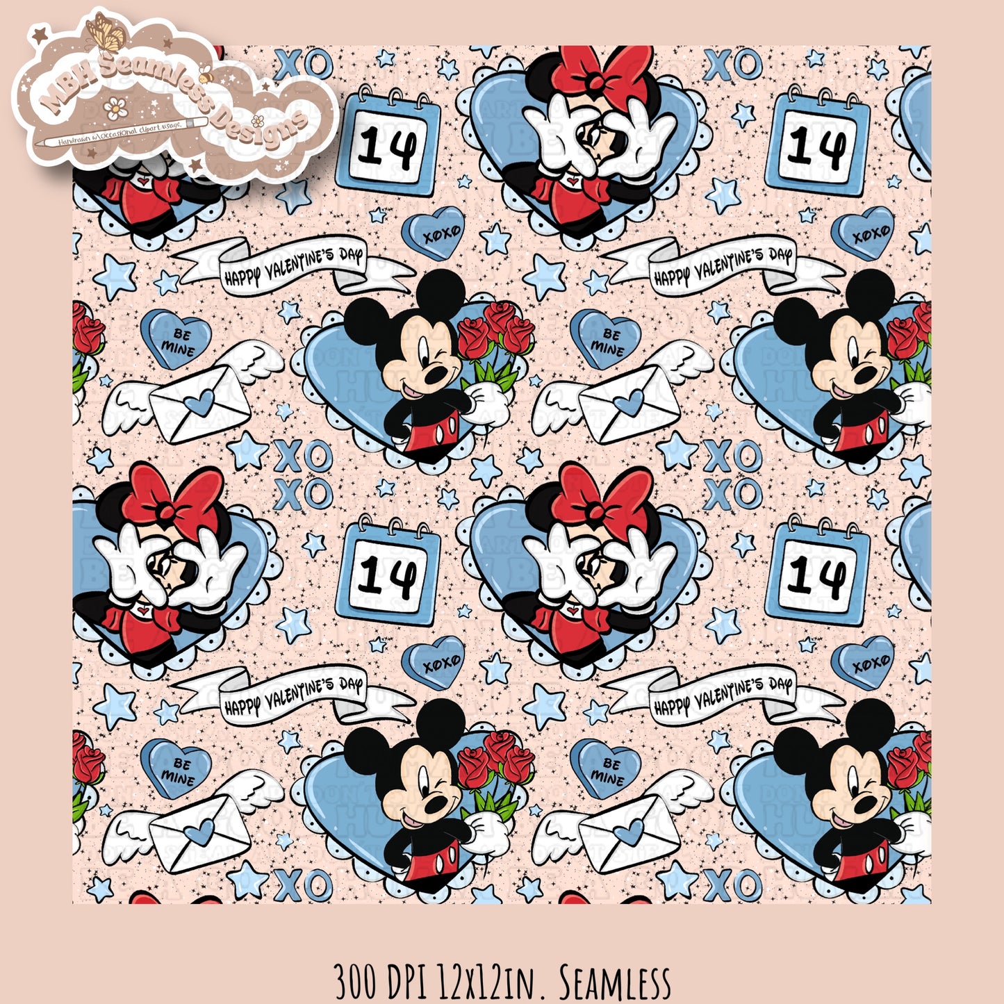 Blue Hearts Mouse Valentine Seamless Pattern Multiple Colorways