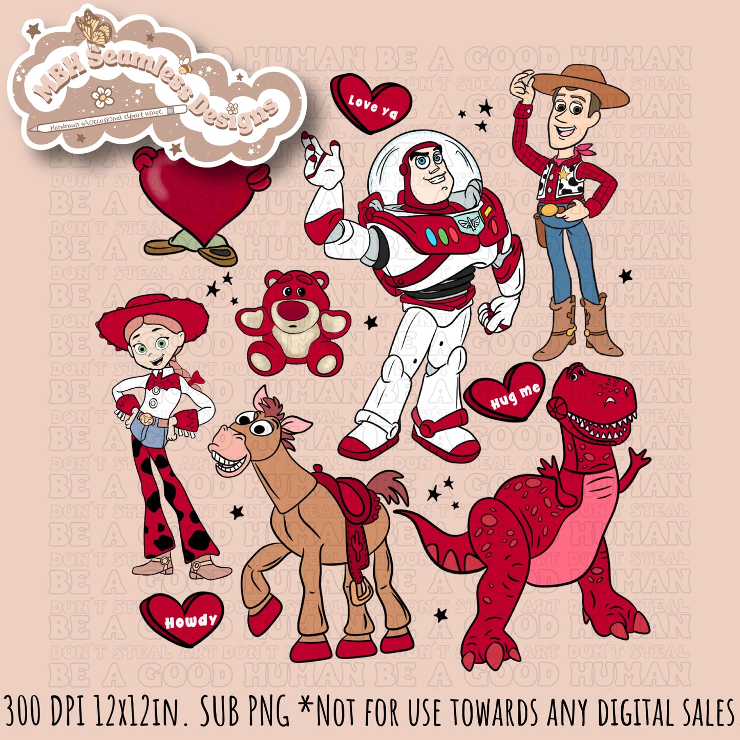 Red Toy Story Valentine’s Day Seamless Pattern & PNG Multiple Colorways