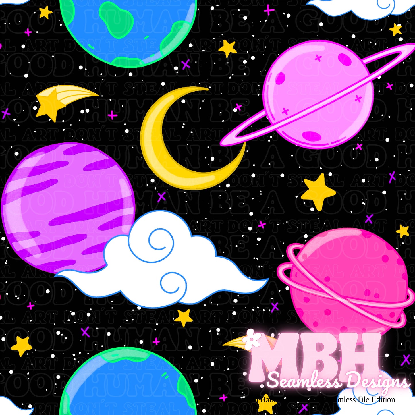 Midnight Neon Galaxy Seamless Pattern