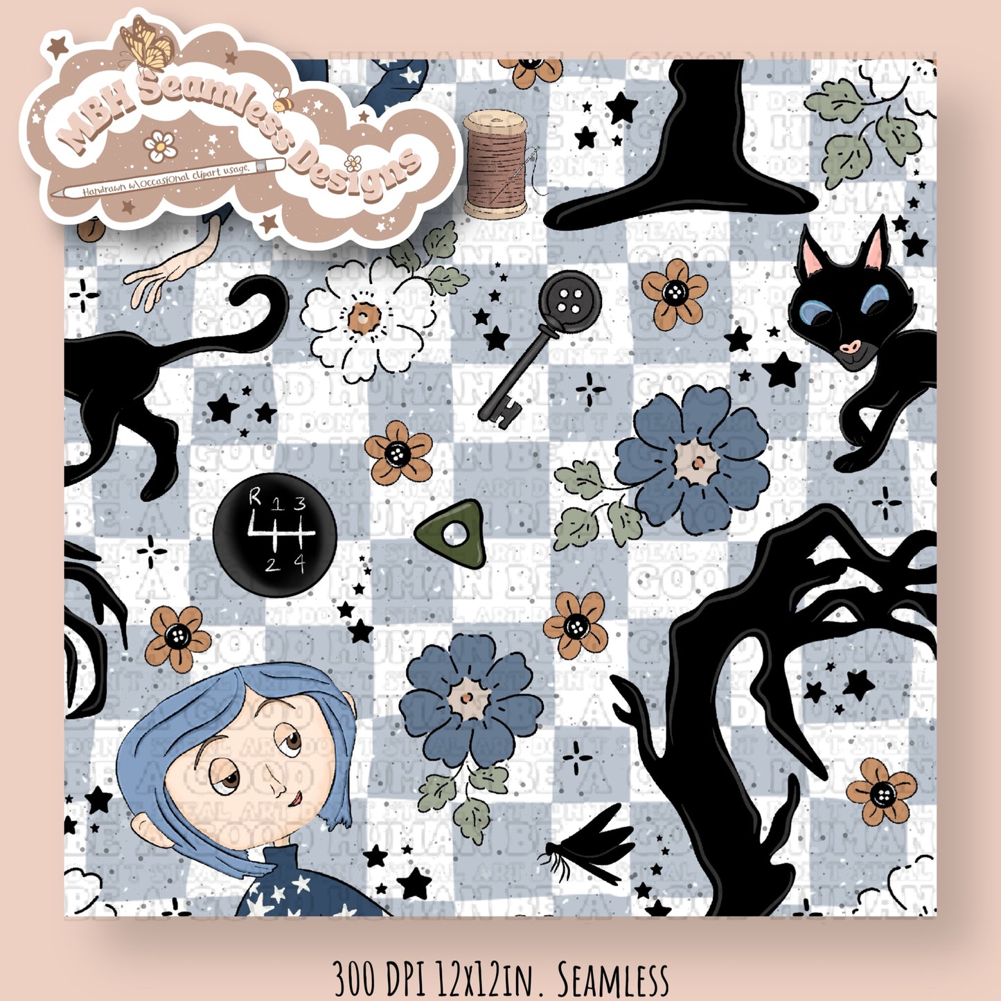EXCLUSIVE Boho Floral Button Eye Girl & Coordinate Seamless Pattern (NO FABRIC SHOPS)