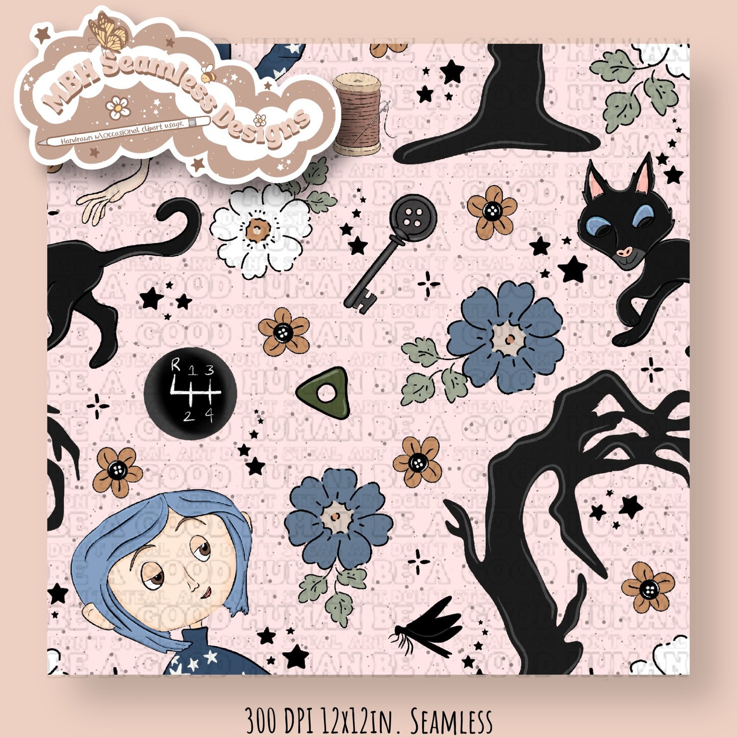 EXCLUSIVE Boho Floral Button Eye Girl & Coordinate Seamless Pattern (NO FABRIC SHOPS)