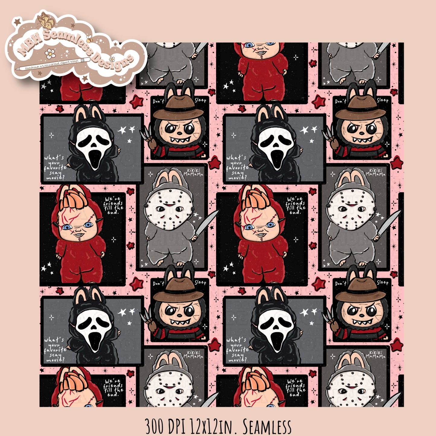 Labubu x Horror Seamless Pattern // PNG // Multiple Colorway Options