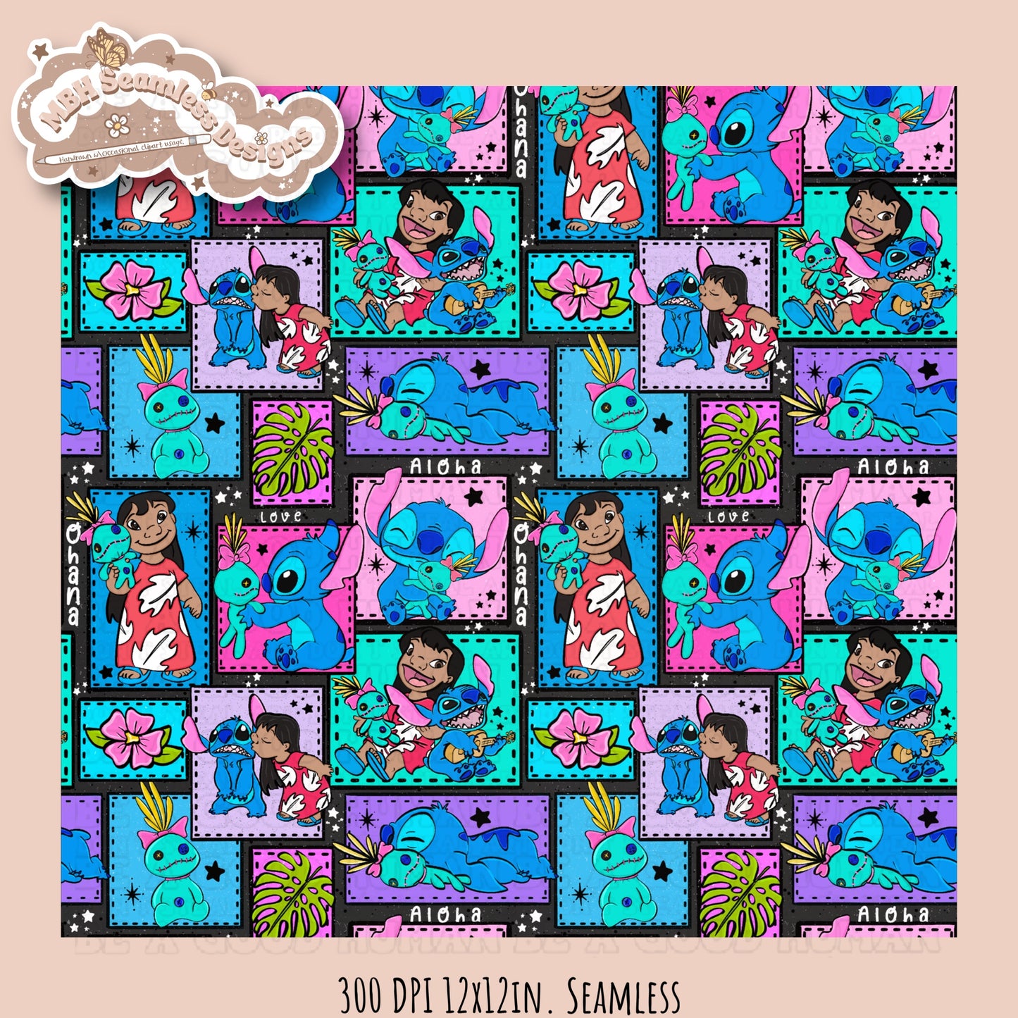 Lilo Stitch Scrump Patchwork Seamless Pattern Multiple Colorways