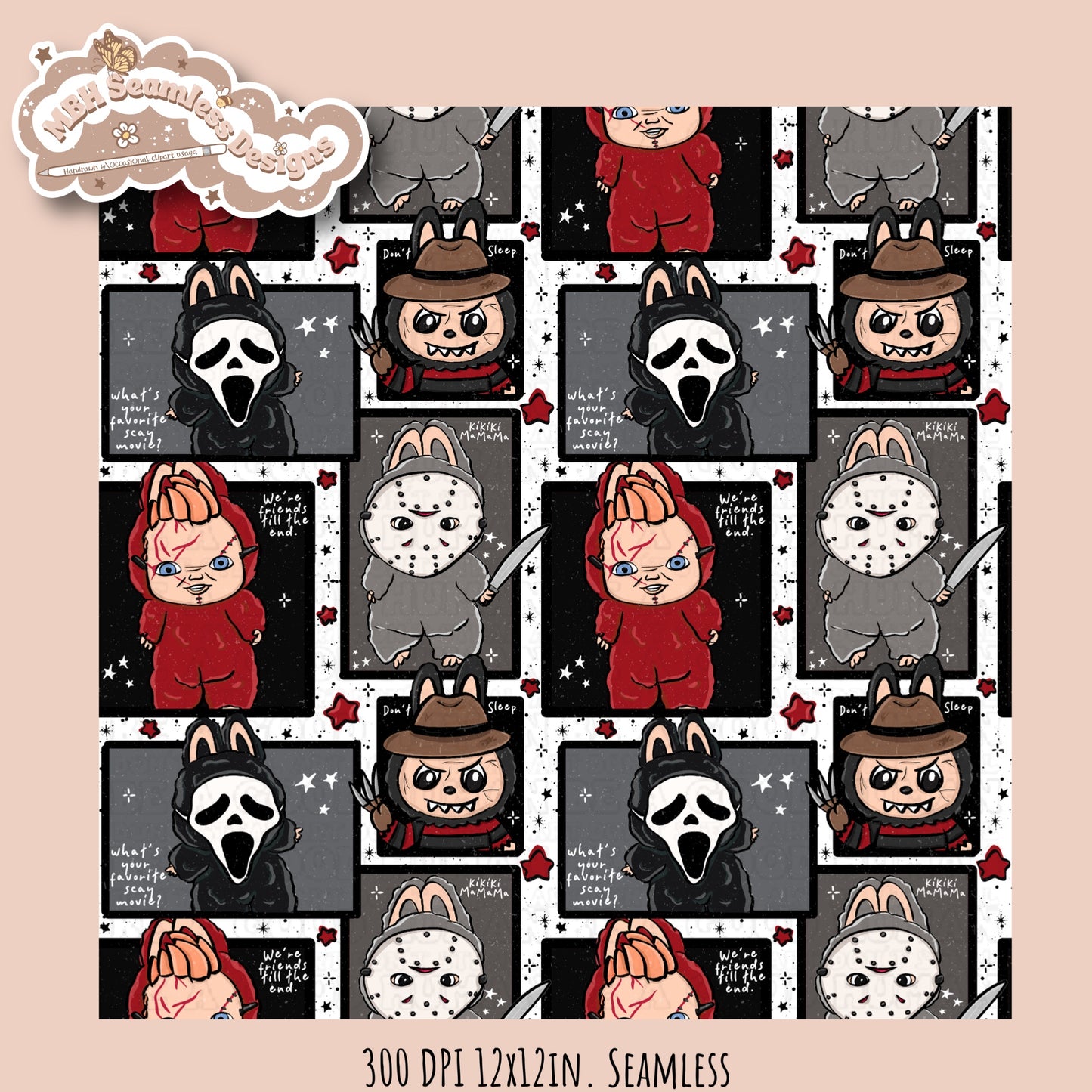 Labubu x Horror Seamless Pattern // PNG // Multiple Colorway Options