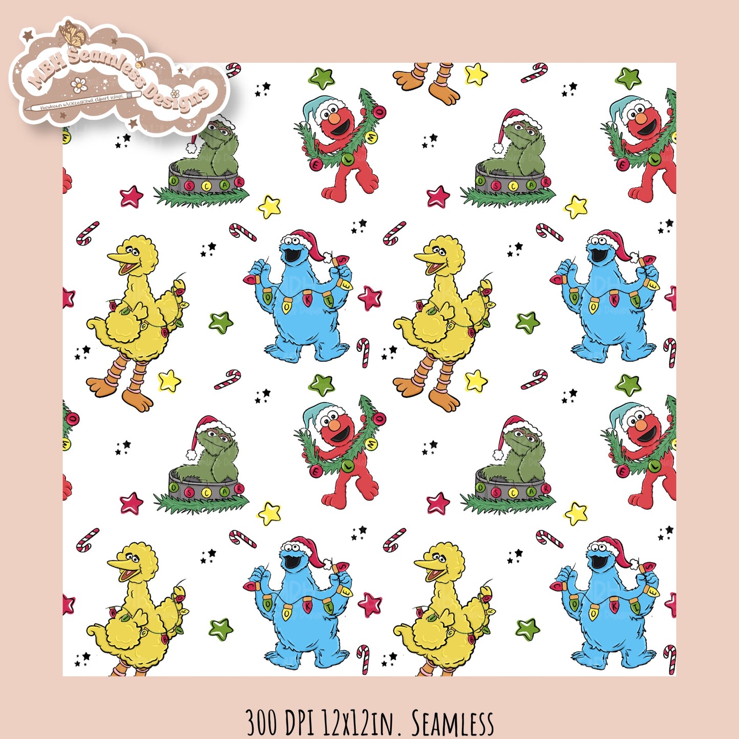 Christmas Sesame Street Seamless Pattern // PNG // Assorted Colorways
