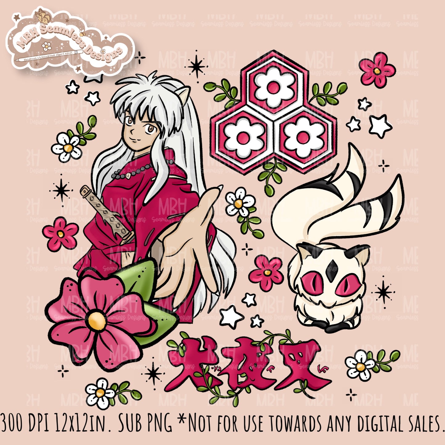 InuYasha Kirara Floral Seamless Pattern // PNG // MULTIPLE COLORWAY OPTIONS