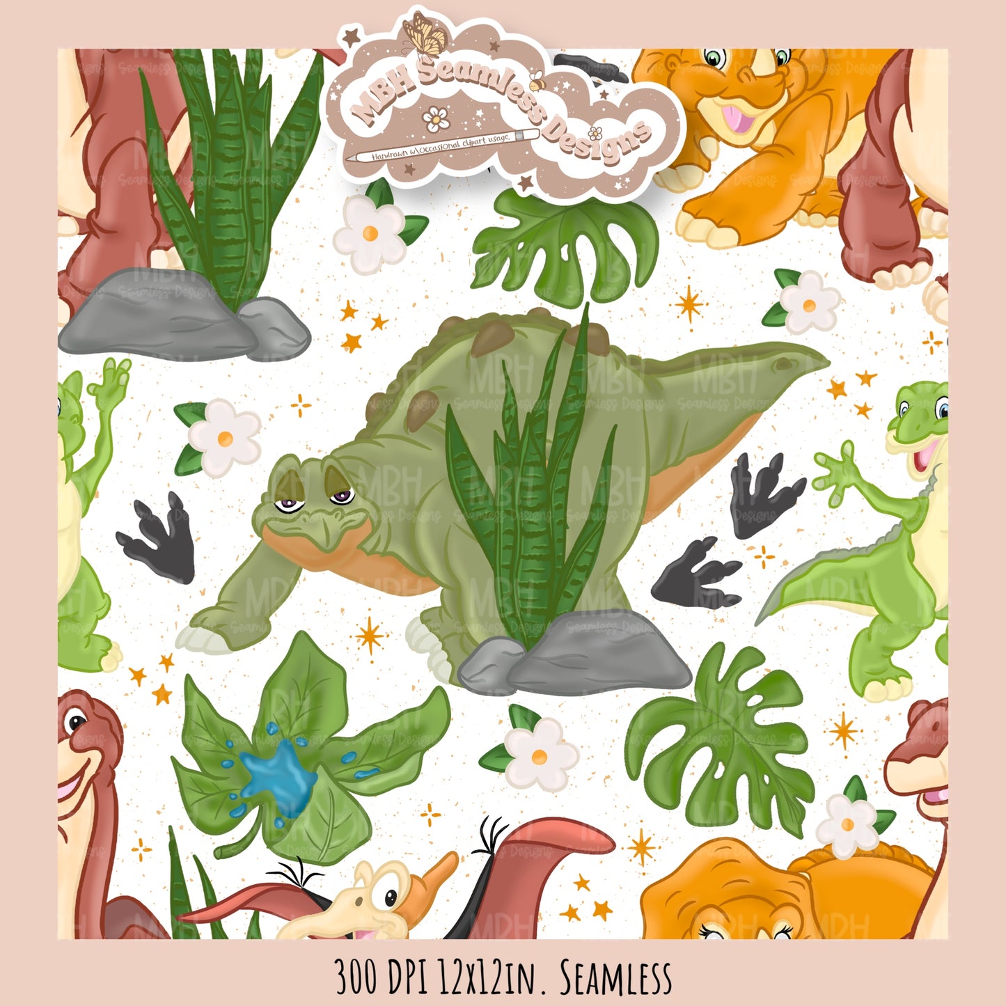 LBT Daisy Dinosaurs Seamless Pattern // Multiple Colorway Options