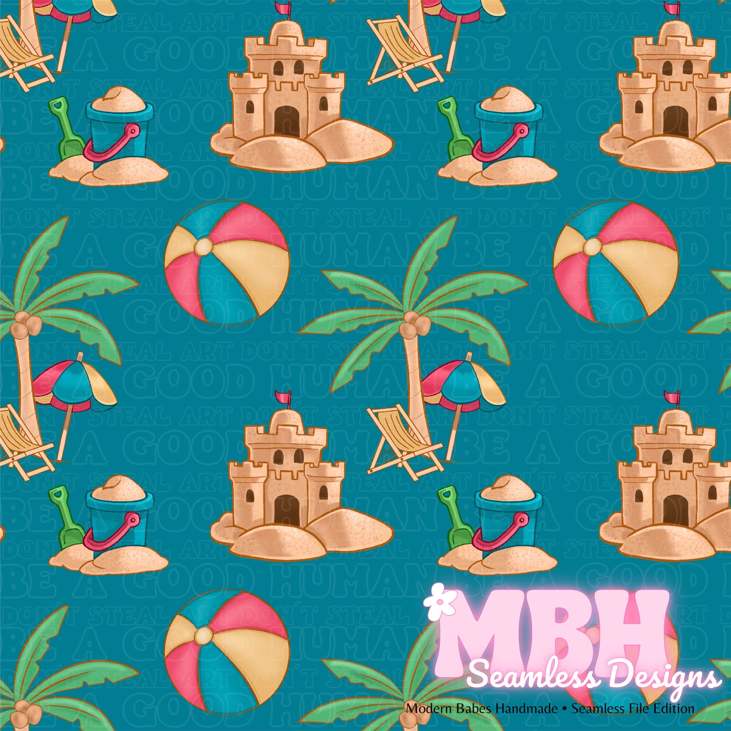 Sandcastles and Beachballs Seamless Pattern MULTIPLE COLORWAYS