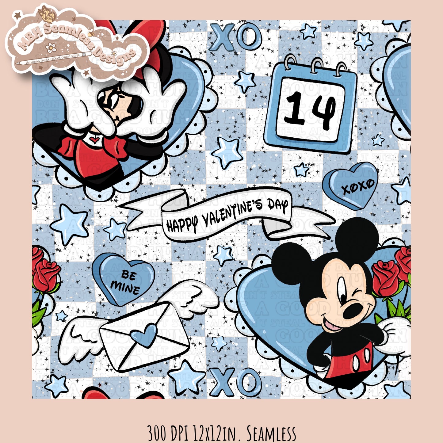 Blue Hearts Mouse Valentine Seamless Pattern Multiple Colorways