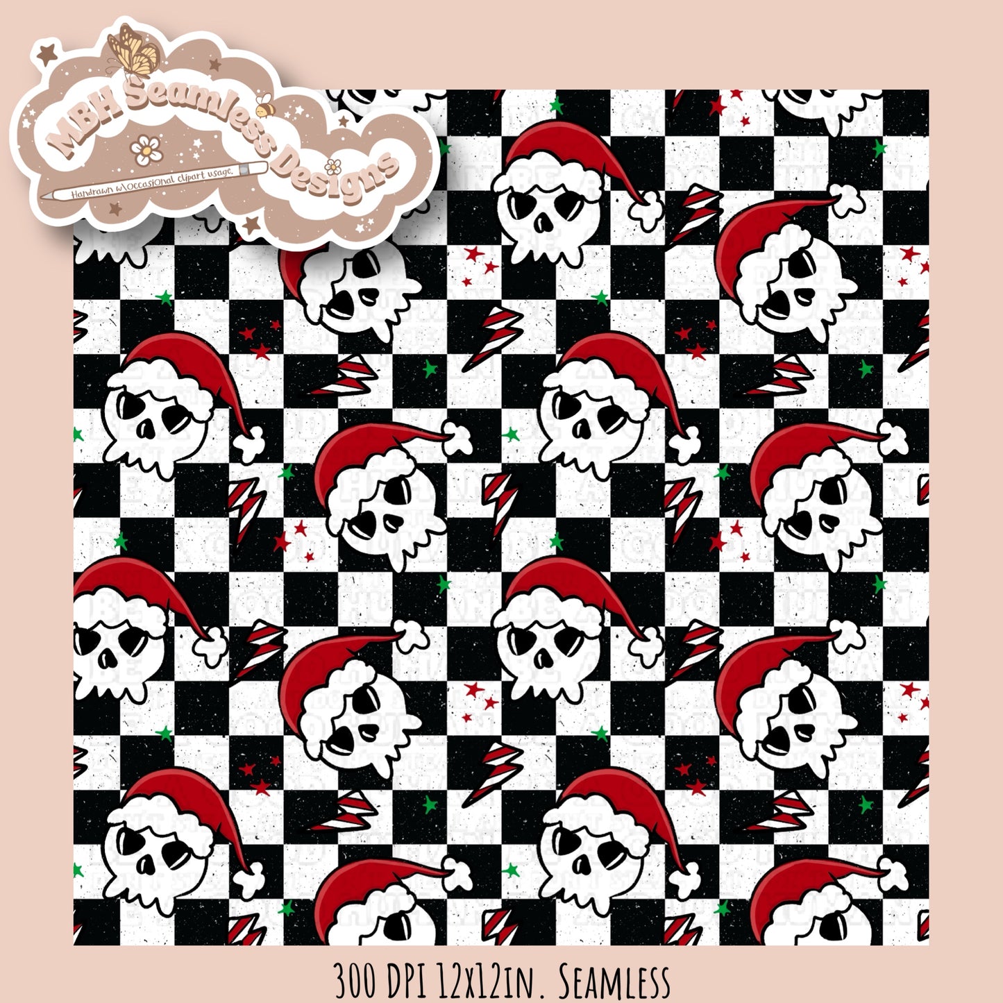 Santa Hat Skulls Seamless MULTIPLE COLORWAYS