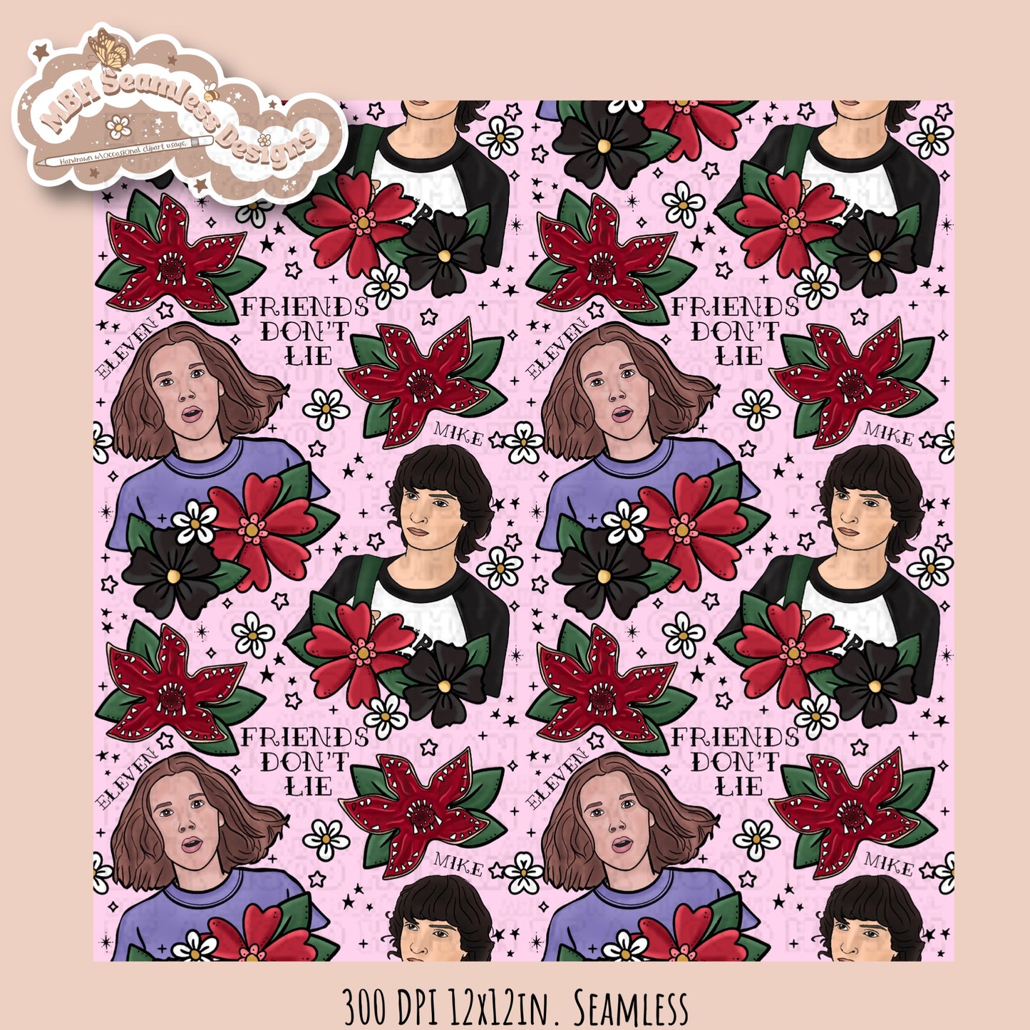 Stranger Things x Tattoo Floral Seamless Pattern // PNG //Multiple Colorways