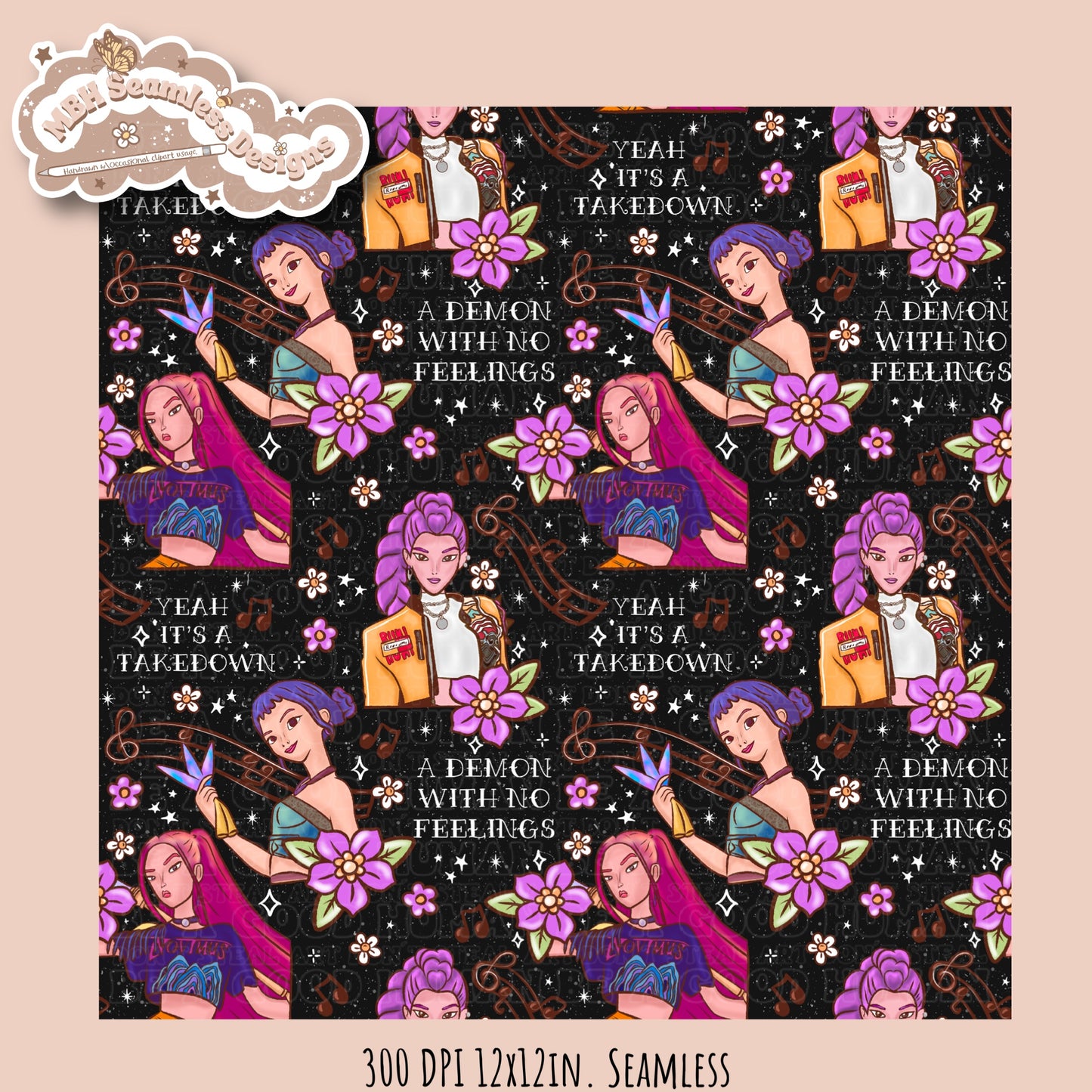 Demon Hunters x Tattoo Lyrics Seamless Pattern // PNG // Assorted Colorways