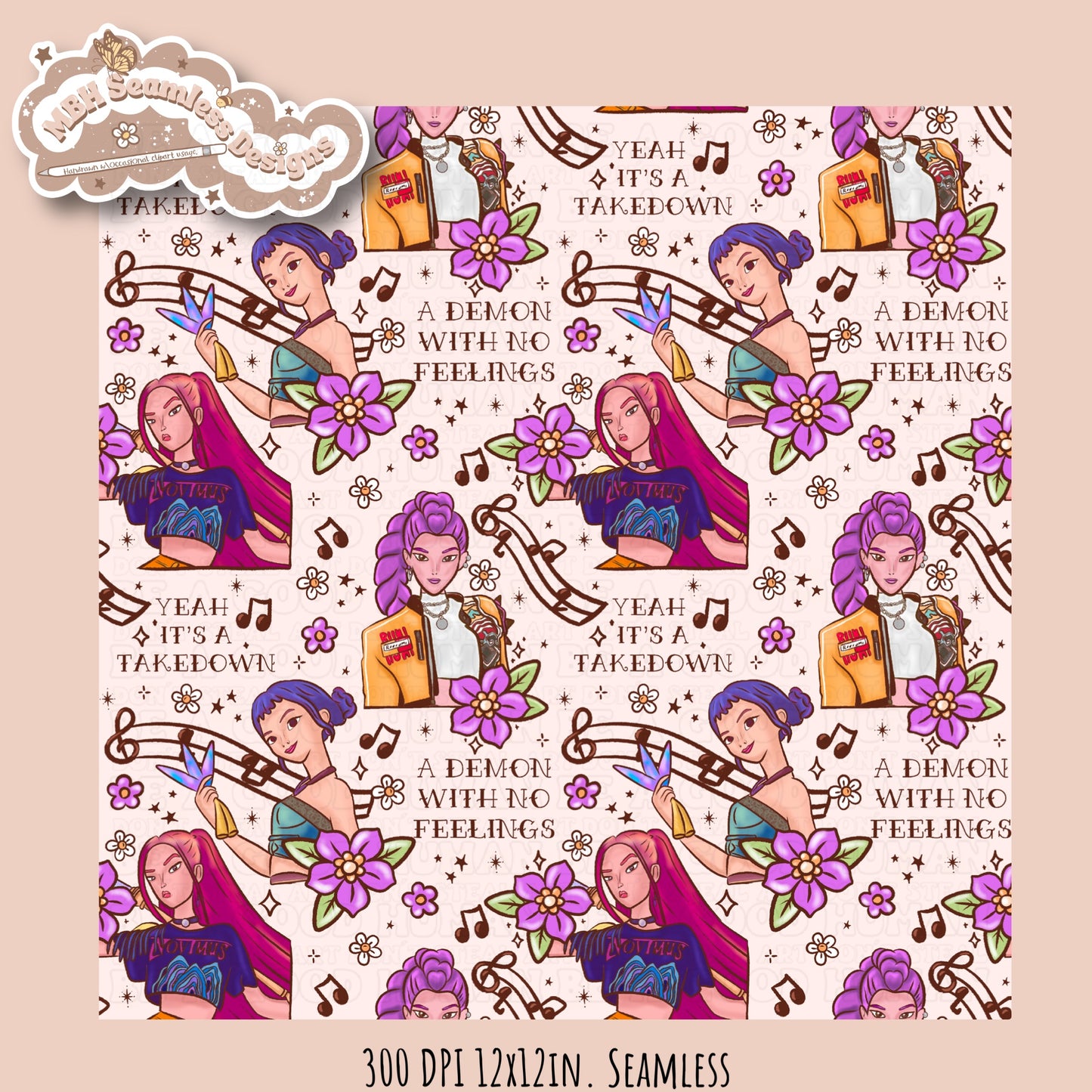 Demon Hunters x Tattoo Lyrics Seamless Pattern // PNG // Assorted Colorways