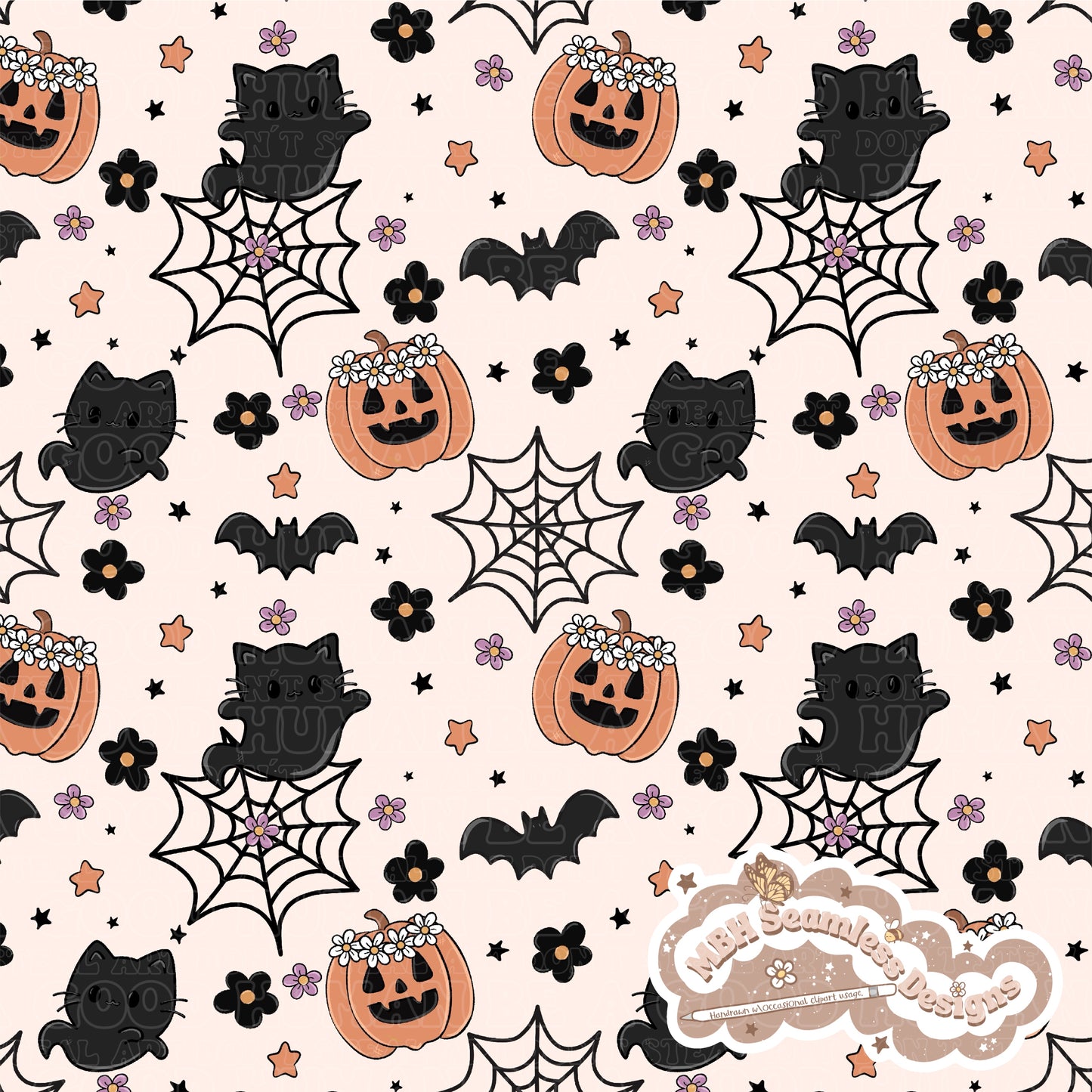 Spooky Floral Ghost Cats Seamless Pattern MULTIPLE COLORWAYS // COORDINATE