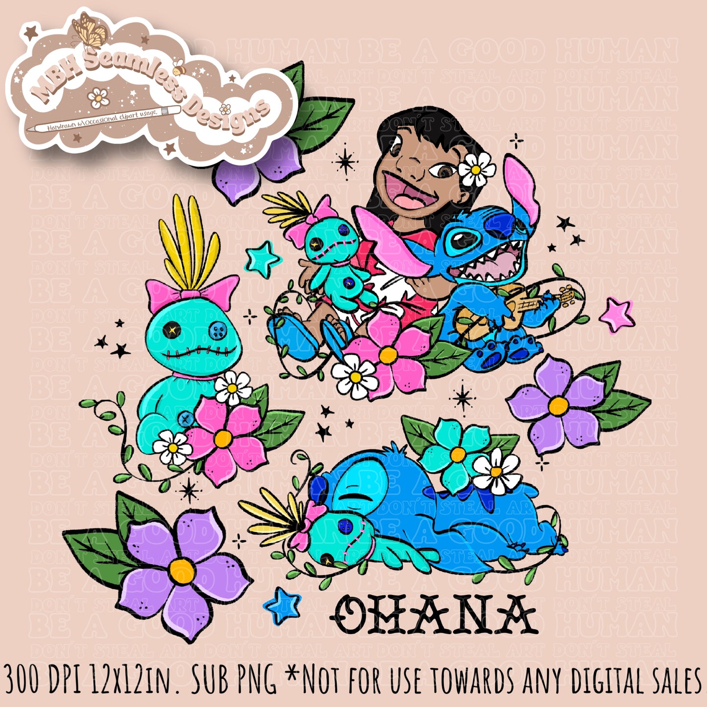 Lilo Stitch Scrump Tattoo Floral Seamless Pattern // PNG • Multiple Colorways