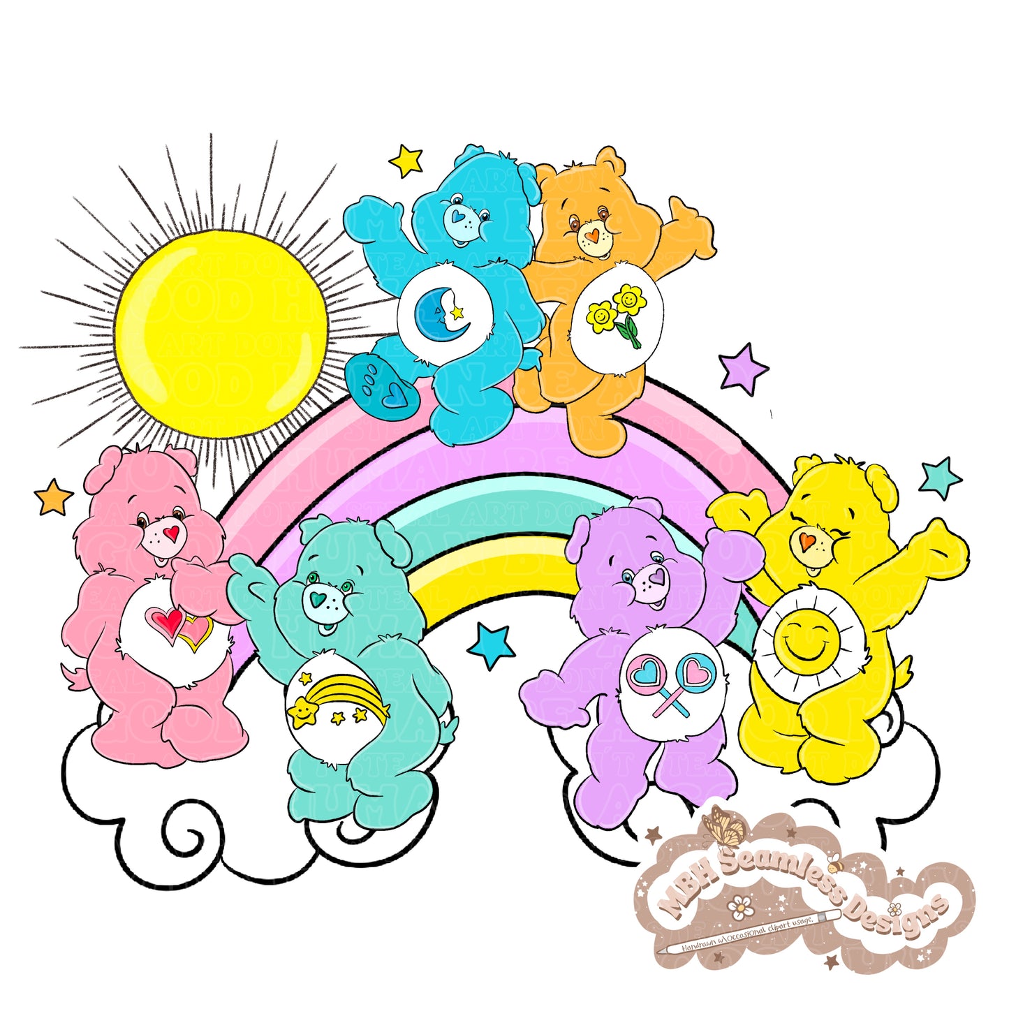 Starry Daisy Care Bears Seamless Pattern // PNG • MULTIPLE COLORWAYS