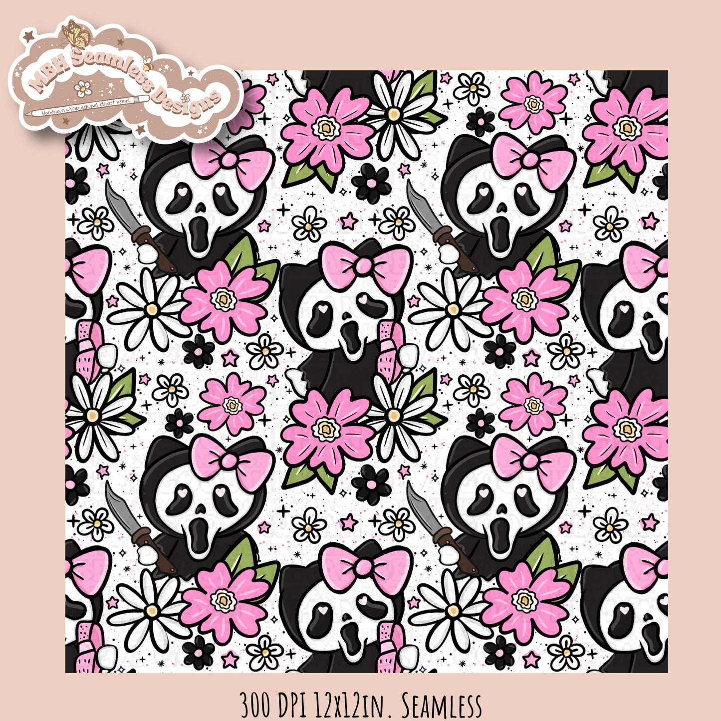 HK X Scream Tattoo Floral Seamless Pattern // PNG // Multiple Colorway Options