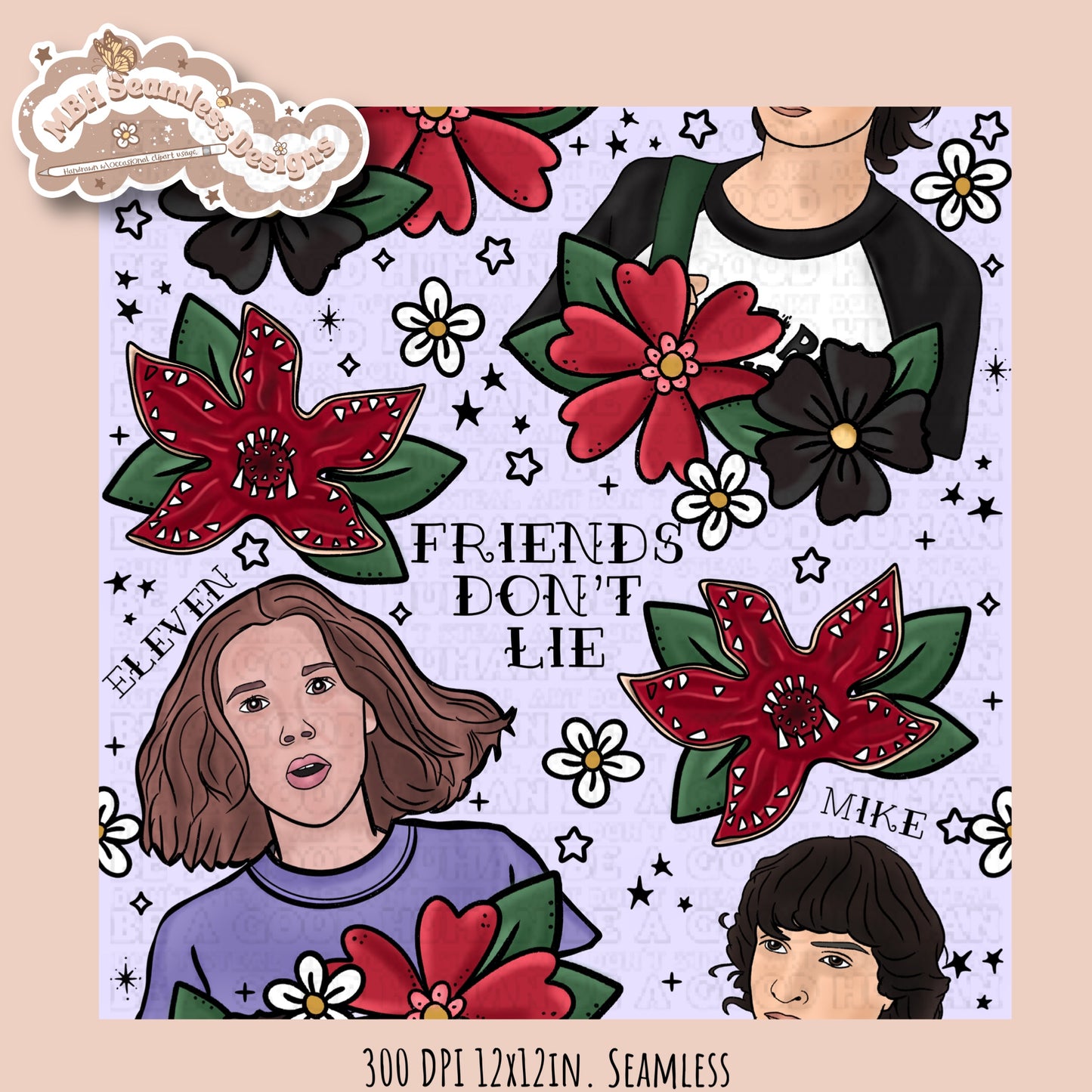 Stranger Things x Tattoo Floral Seamless Pattern // PNG //Multiple Colorways