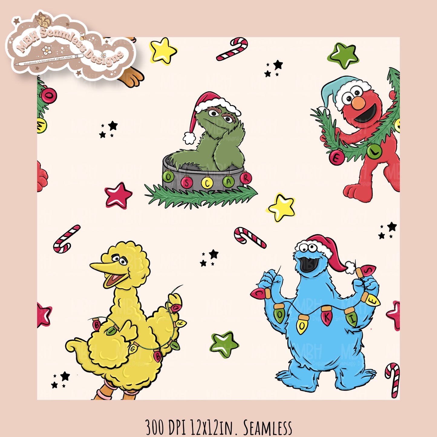 Christmas Sesame Street Seamless Pattern // PNG // Assorted Colorways
