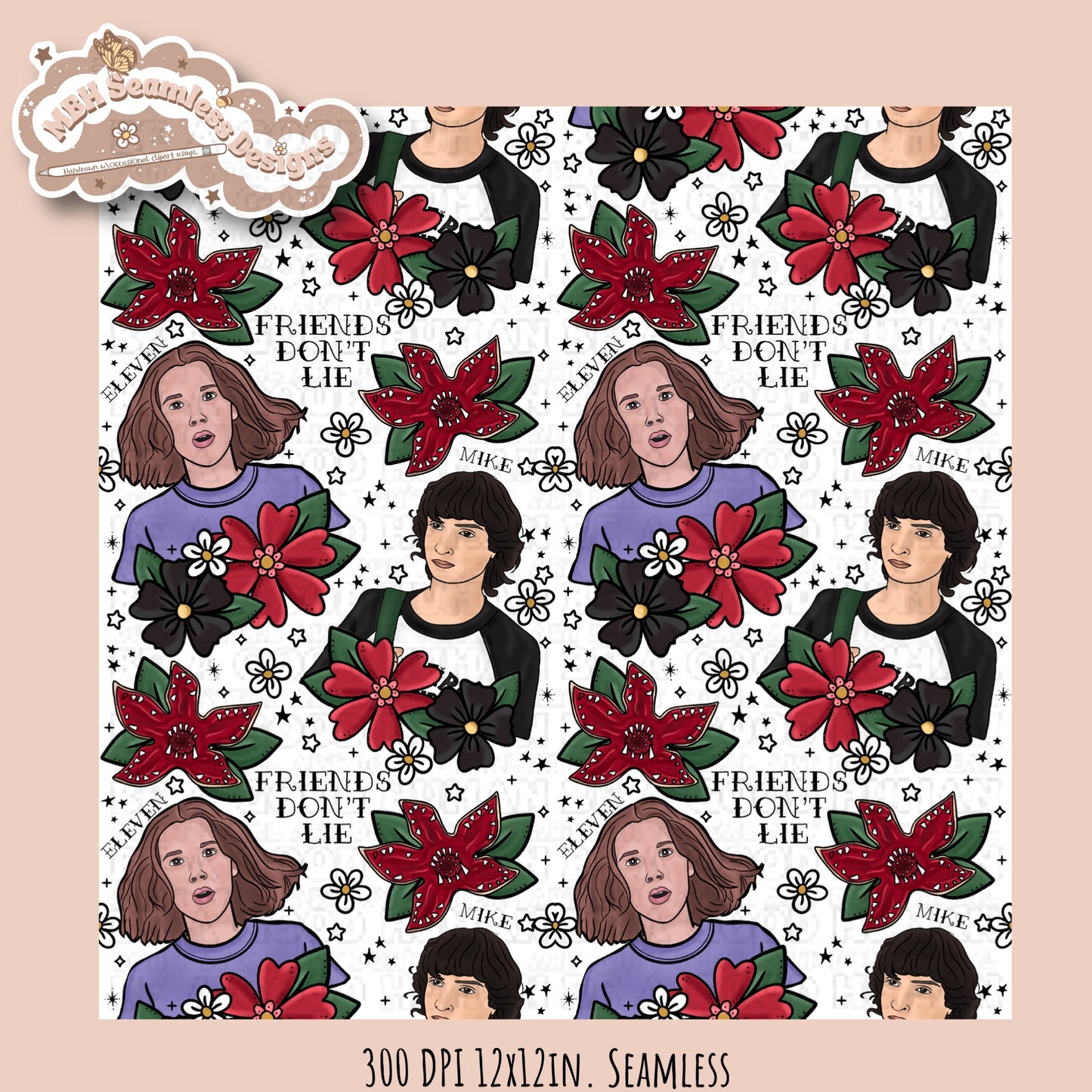 Stranger Things x Tattoo Floral Seamless Pattern // PNG //Multiple Colorways