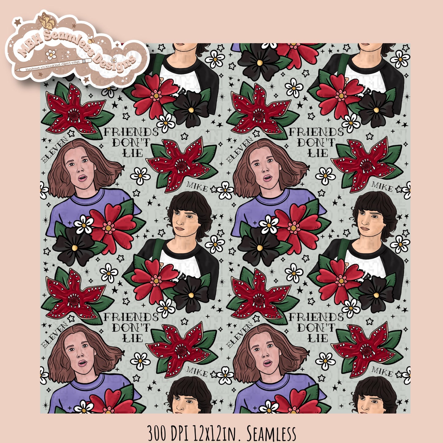 Stranger Things x Tattoo Floral Seamless Pattern // PNG //Multiple Colorways