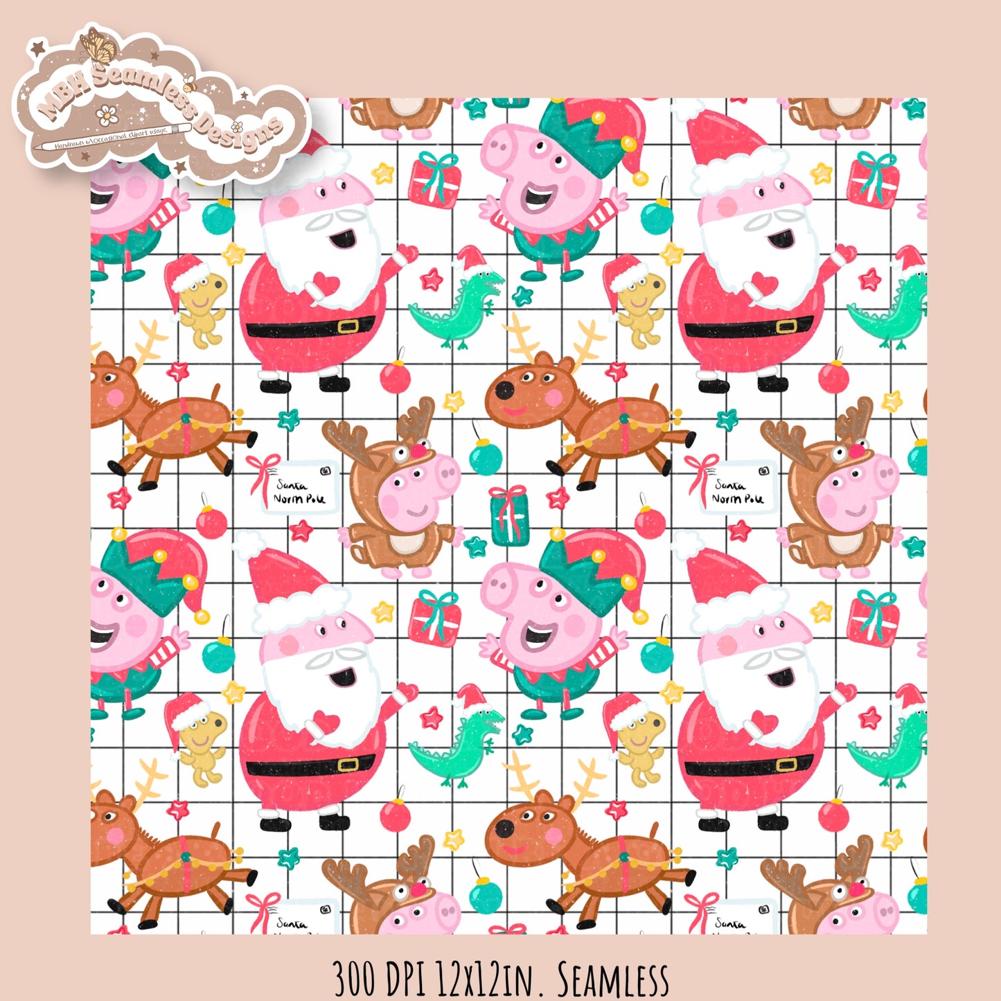 Peppa Christmas Seamless Pattern // PNG // Assorted Colorways