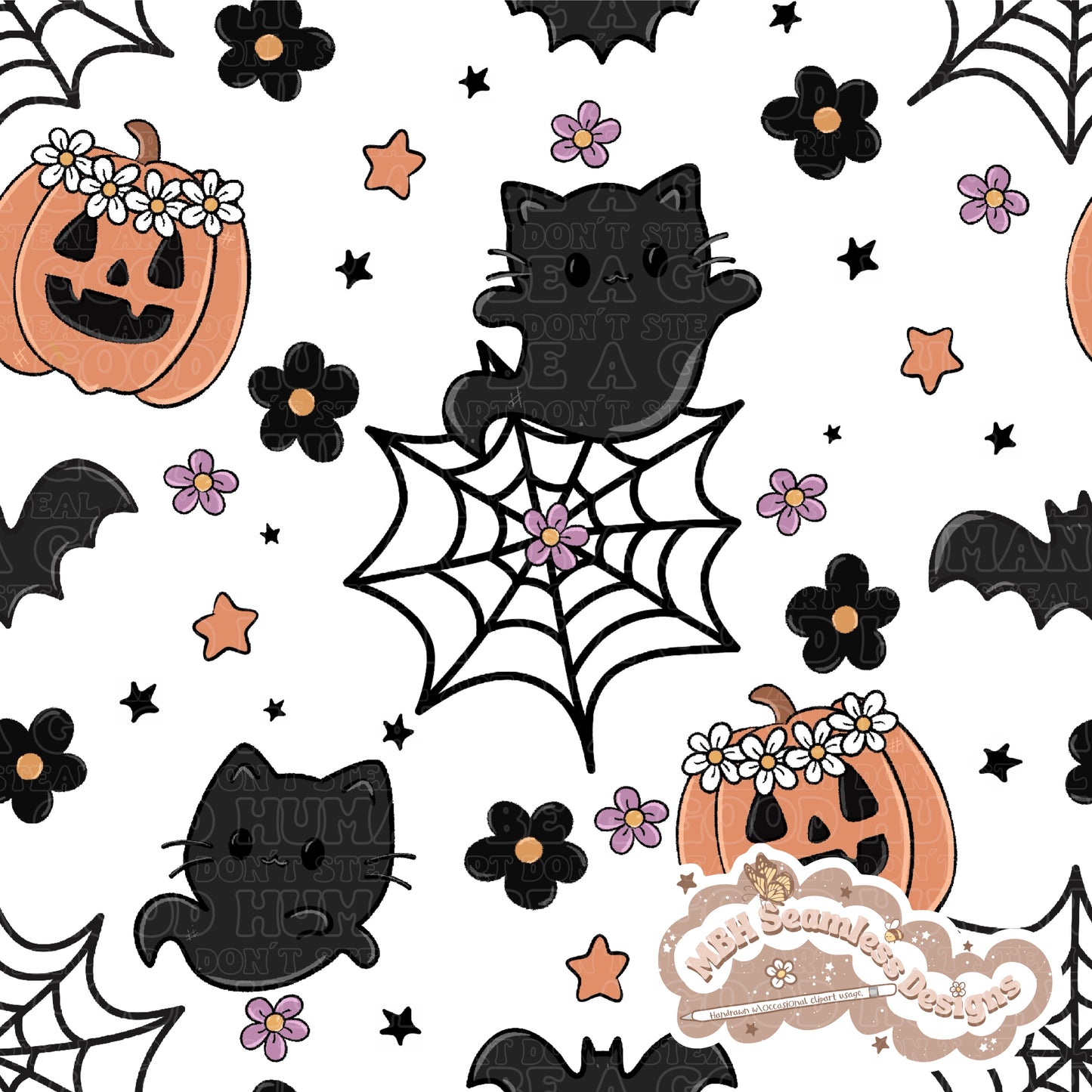 Spooky Floral Ghost Cats Seamless Pattern MULTIPLE COLORWAYS // COORDINATE