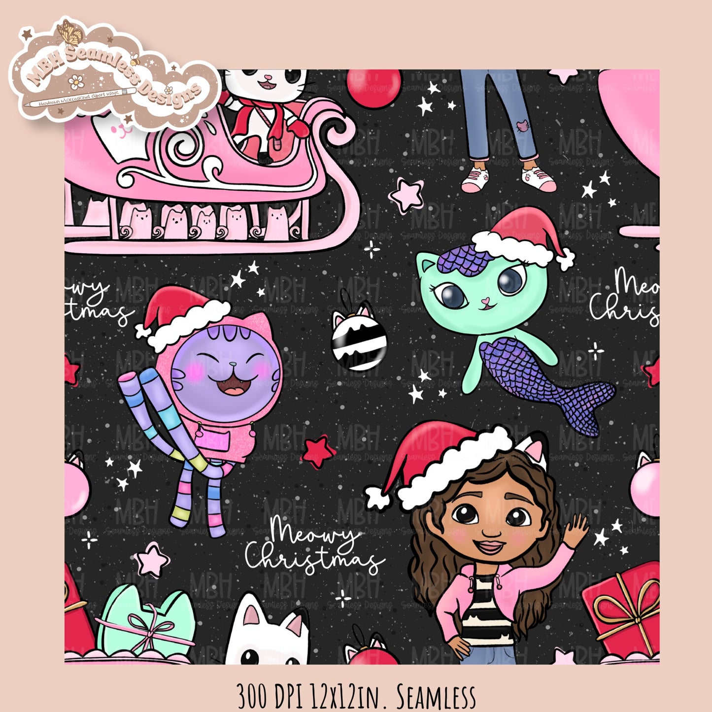 Meowy Christmas Gabby Seamless Pattern // Assorted Colorways