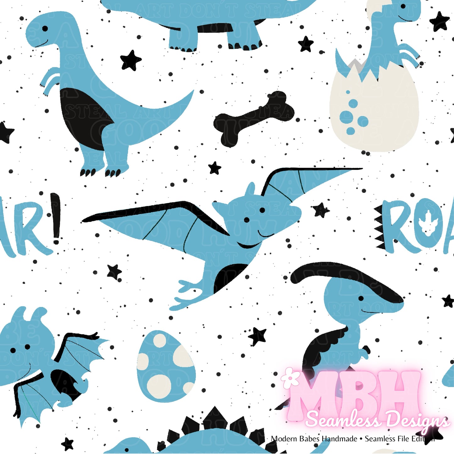 Starry Blue Dinosaurs Seamless Pattern