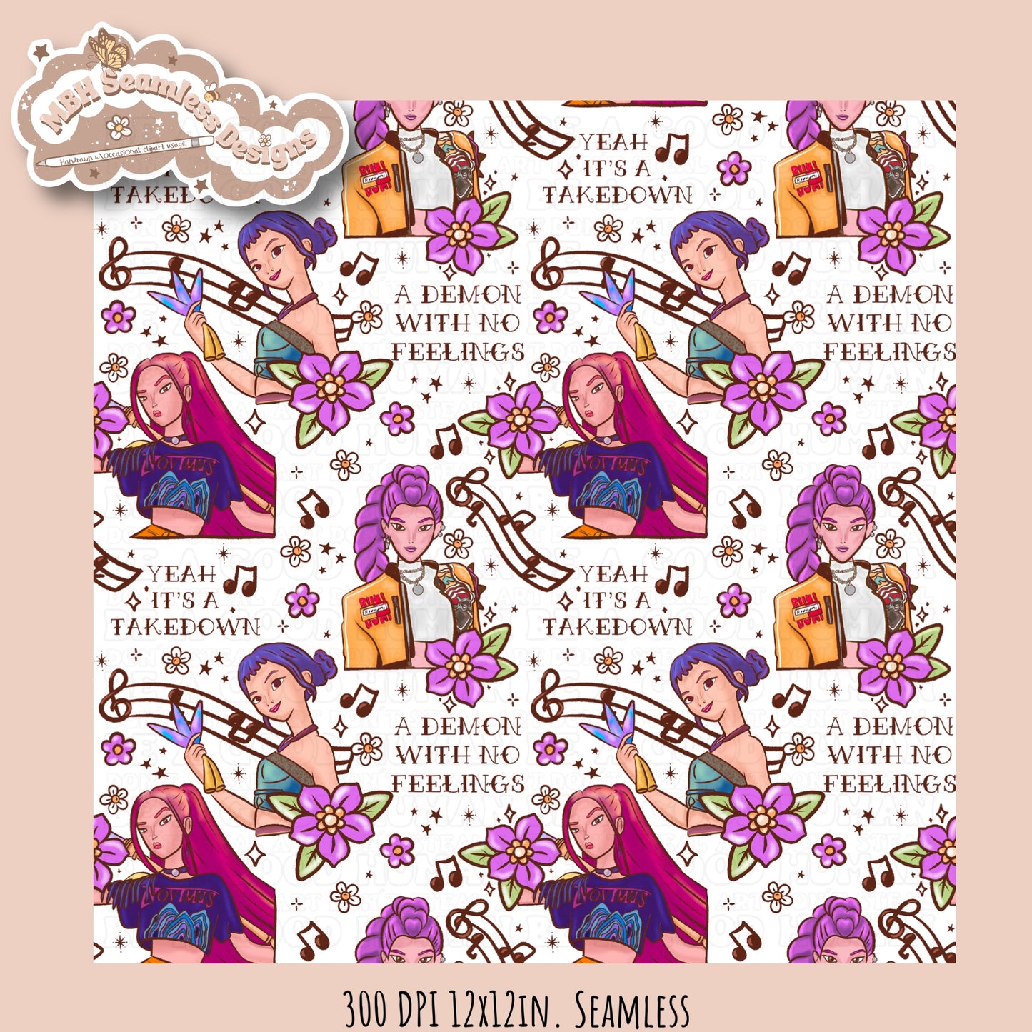 Demon Hunters x Tattoo Lyrics Seamless Pattern // PNG // Assorted Colorways