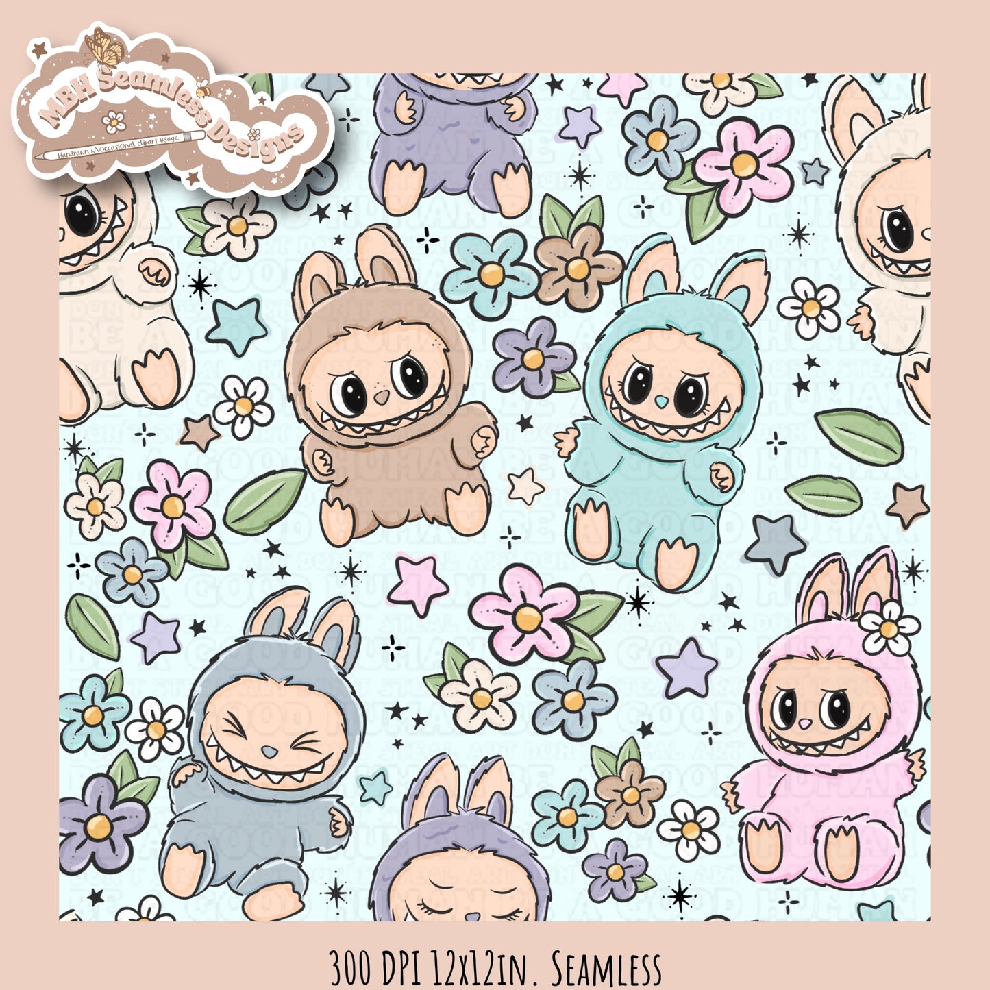 Labubu Floral Seamless Pattern & PNGs Assorted Colorway Options