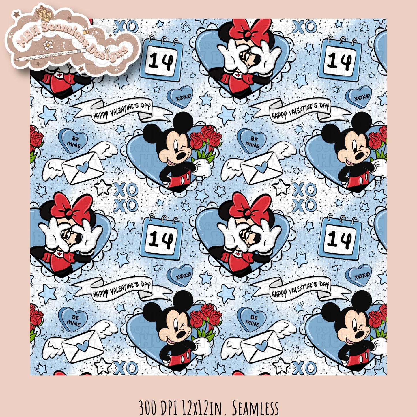 Blue Hearts Mouse Valentine Seamless Pattern Multiple Colorways