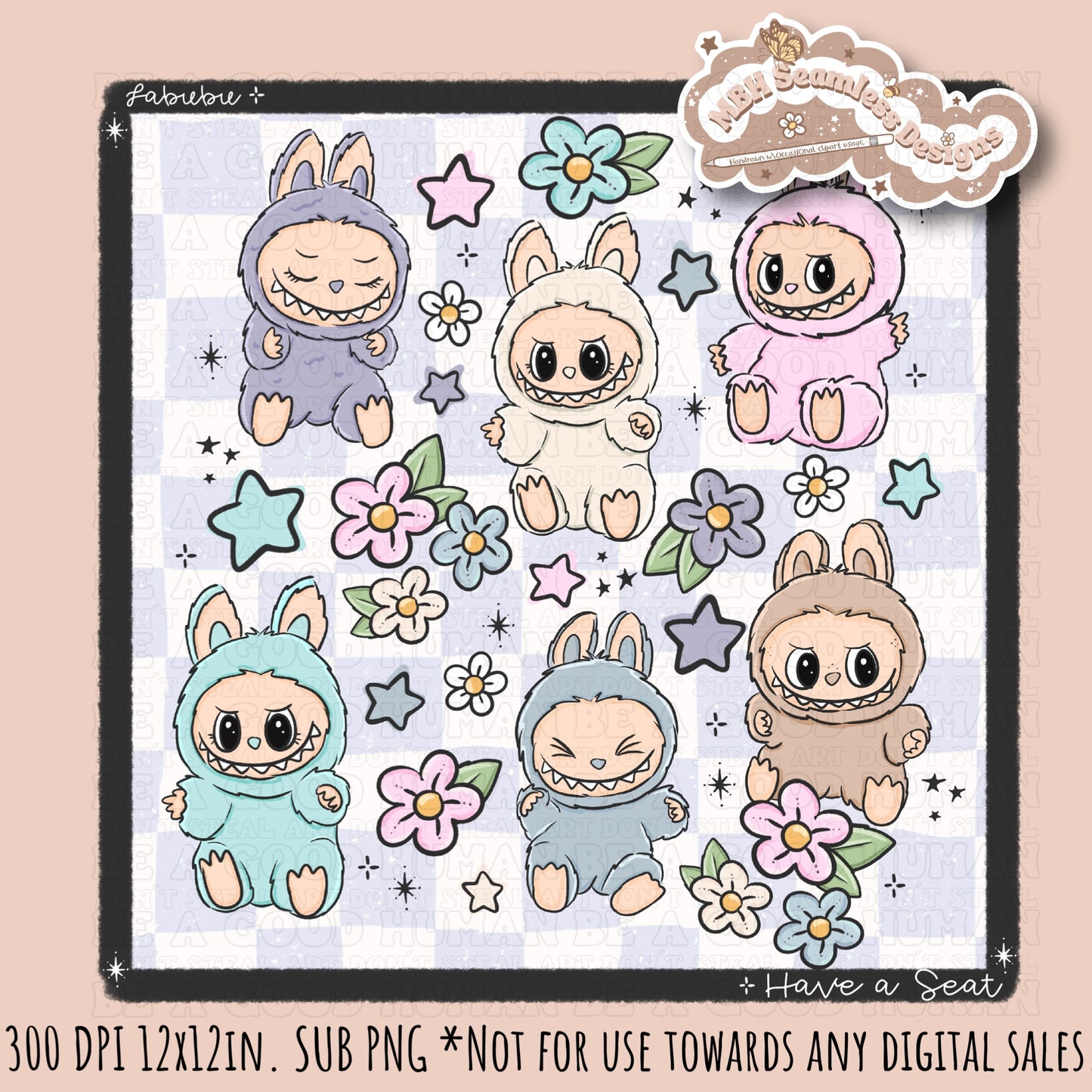 Labubu Floral Seamless Pattern & PNGs Assorted Colorway Options