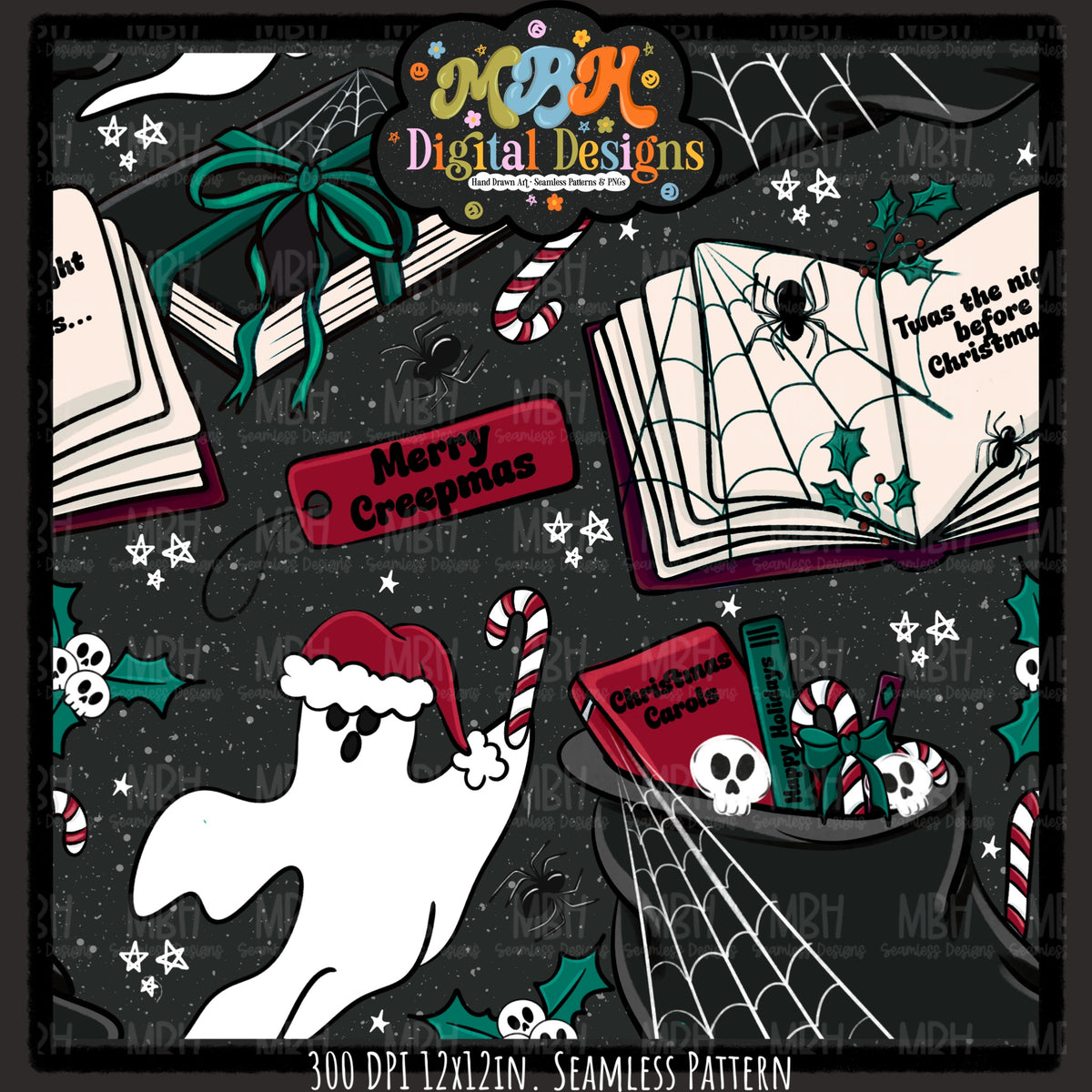 Bookish Creepmas Seamless Pattern // MULTIPLE COLORWAYS